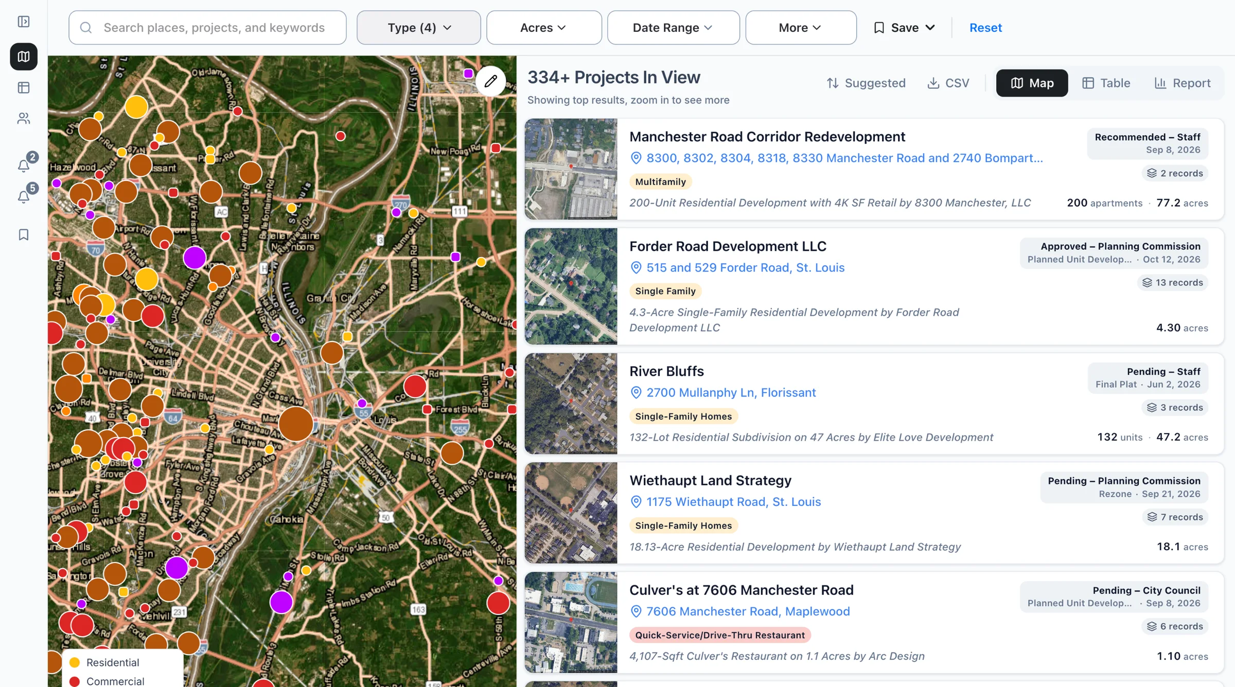 The Boardwalk map of the St. Louis area filtered to residential, commercial, industrial, and mixed-use projects, with the list beside it.