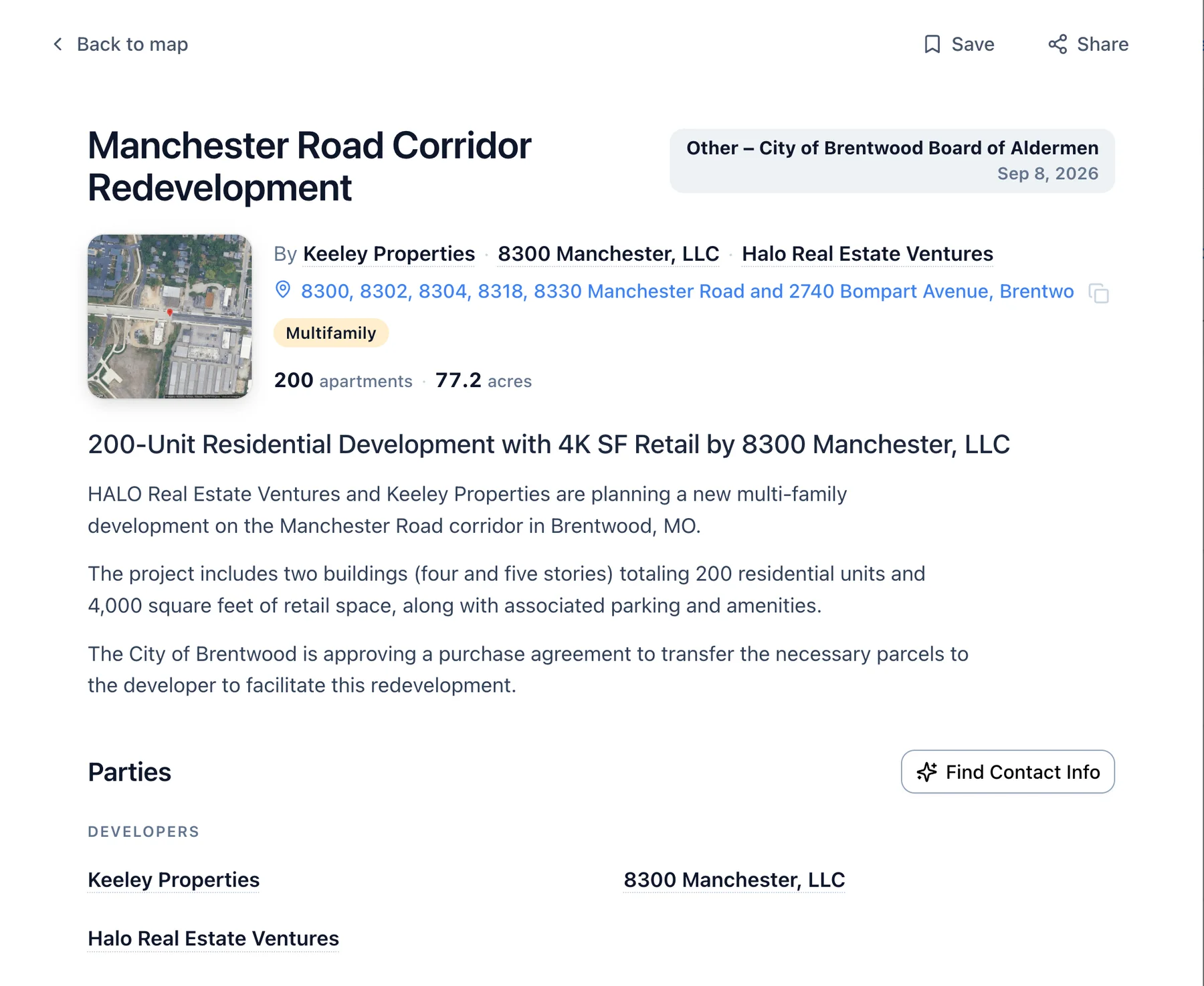 A project record: a Manchester Road corridor redevelopment in the St. Louis area, with its stage and the parties named in the filing.