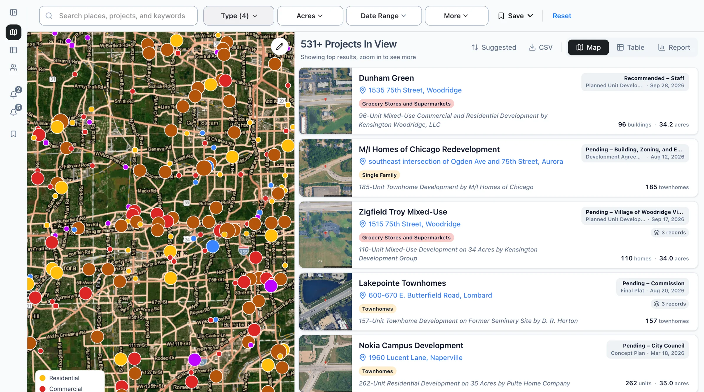 The Boardwalk map of Chicago's west suburbs filtered to residential, commercial, industrial, and public building projects: 531 in view, with the list beside it.