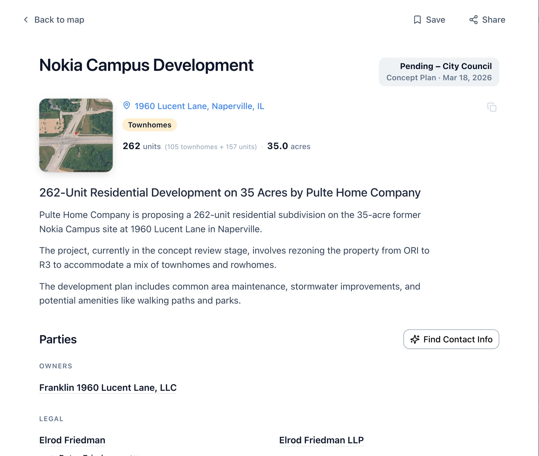 A project record: Nokia Campus Development in Naperville, Illinois, 262 units on 35 acres by Pulte Home Company, with its owner and attorneys.