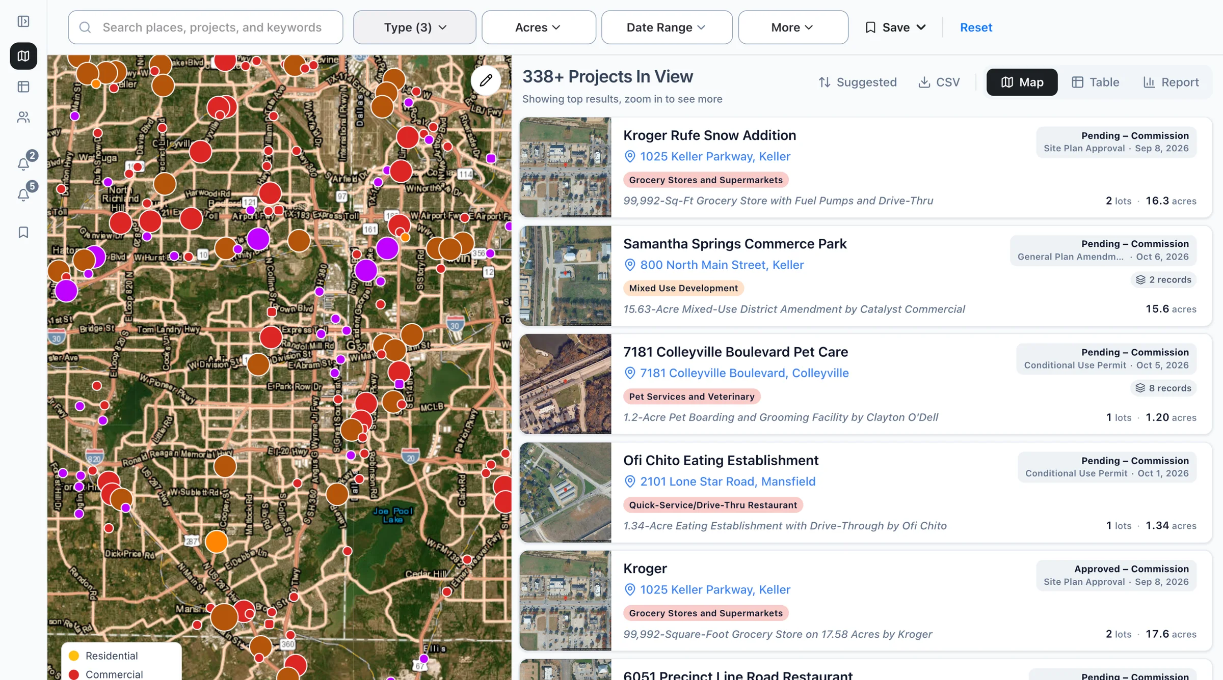 The Boardwalk map of Dallas-Fort Worth filtered to commercial, industrial, and mixed-use projects, with the list of projects beside it.