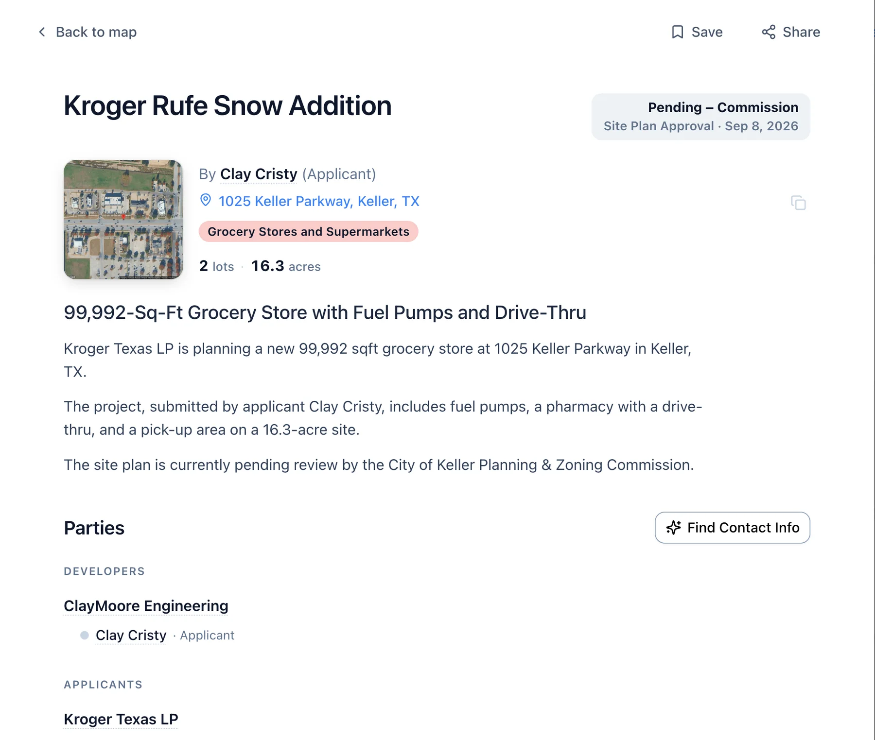 A project record: Kroger Rufe Snow Addition in Keller, Texas, with its size, stage, and the companies named in the filing.