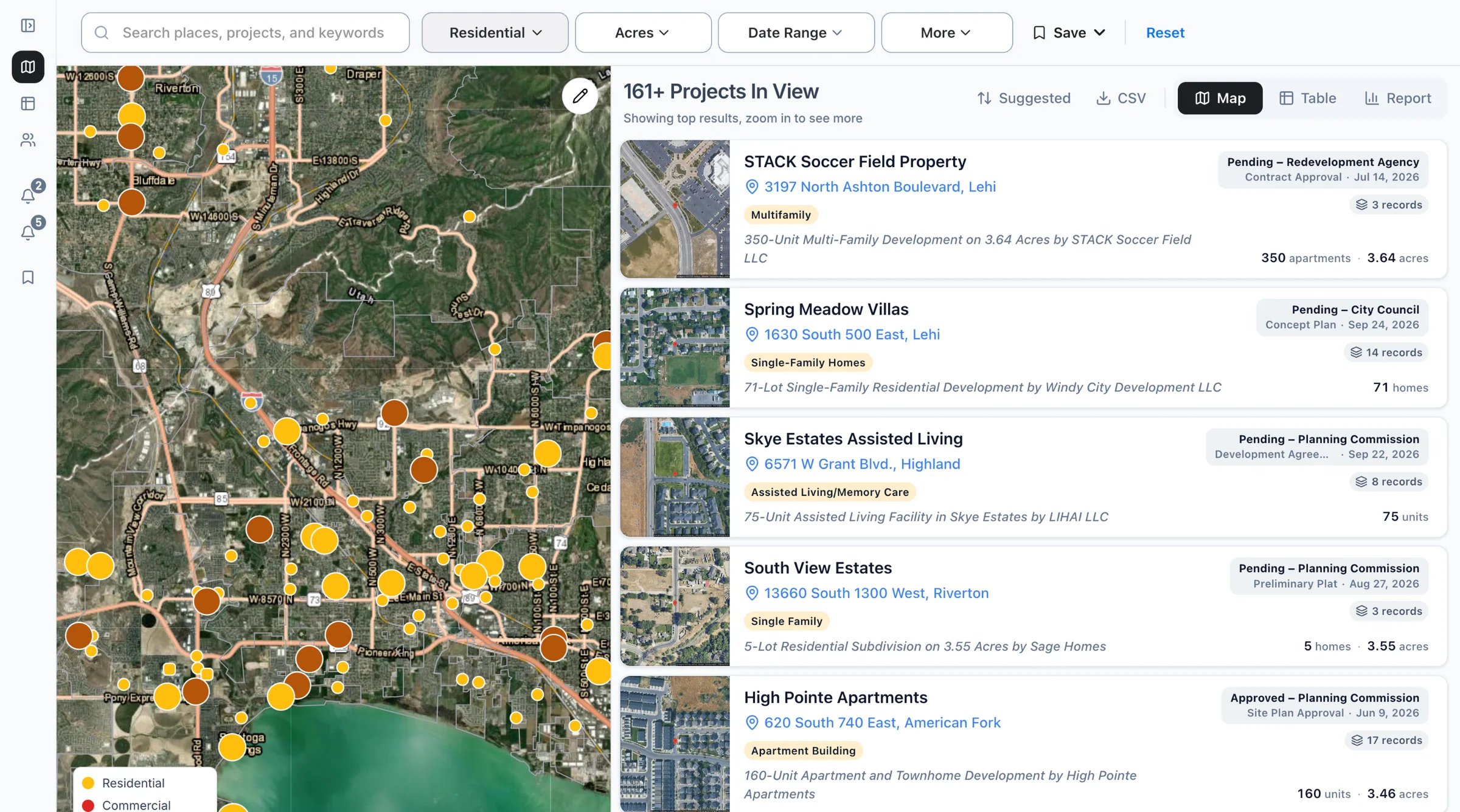 The Boardwalk map of Utah County filtered to residential projects, with subdivisions and townhome projects listed beside it.