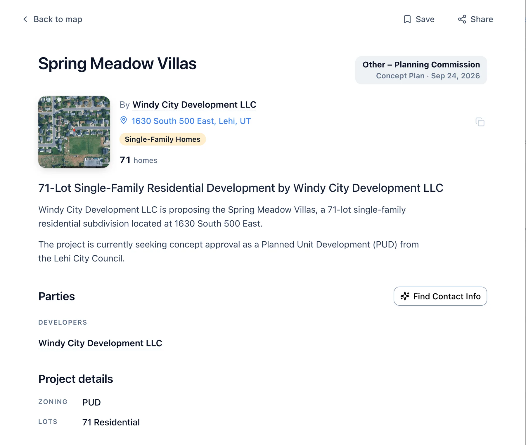 A project record: Spring Meadow Villas in Lehi, Utah, a single-family subdivision, with its lot count, stage, and the developer named in the filing.