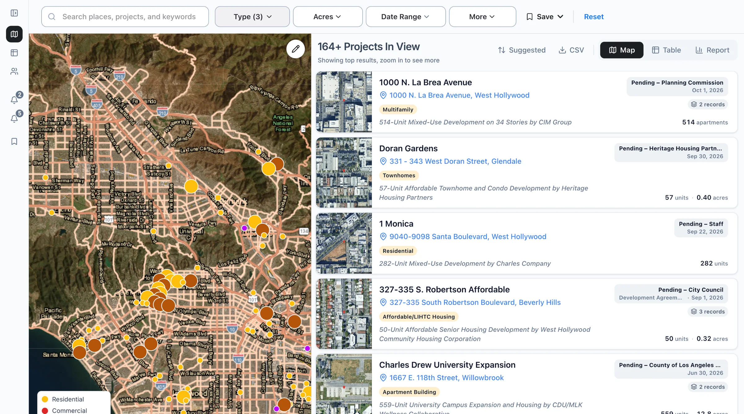 The Boardwalk map of Los Angeles filtered to residential, industrial, and mixed-use projects, with the list beside it.
