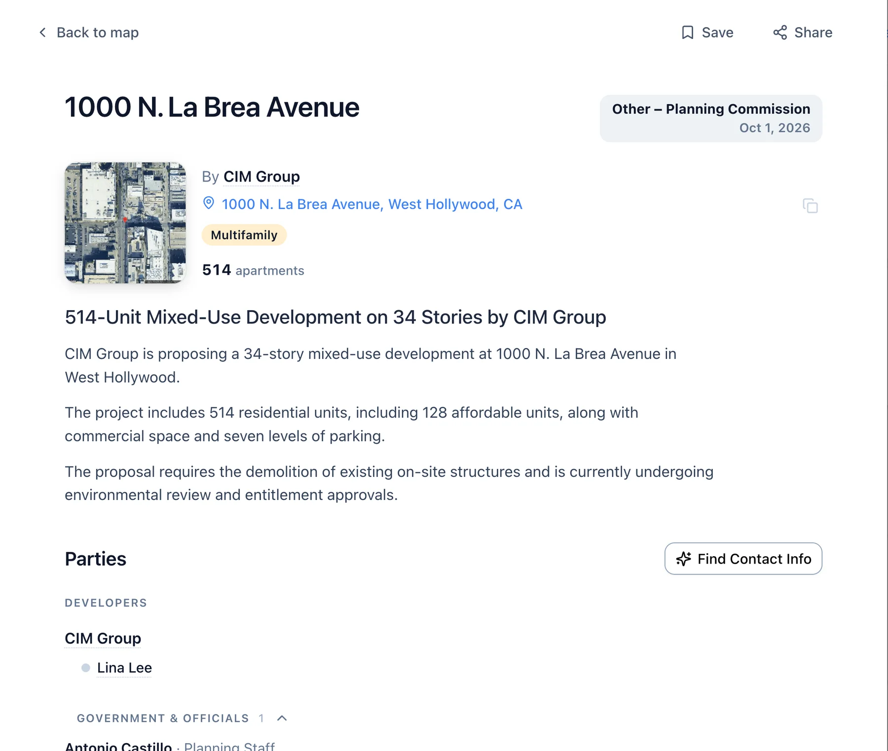 A project record: 1000 N. La Brea in Los Angeles, with its size, stage, and the parties named in the filing.