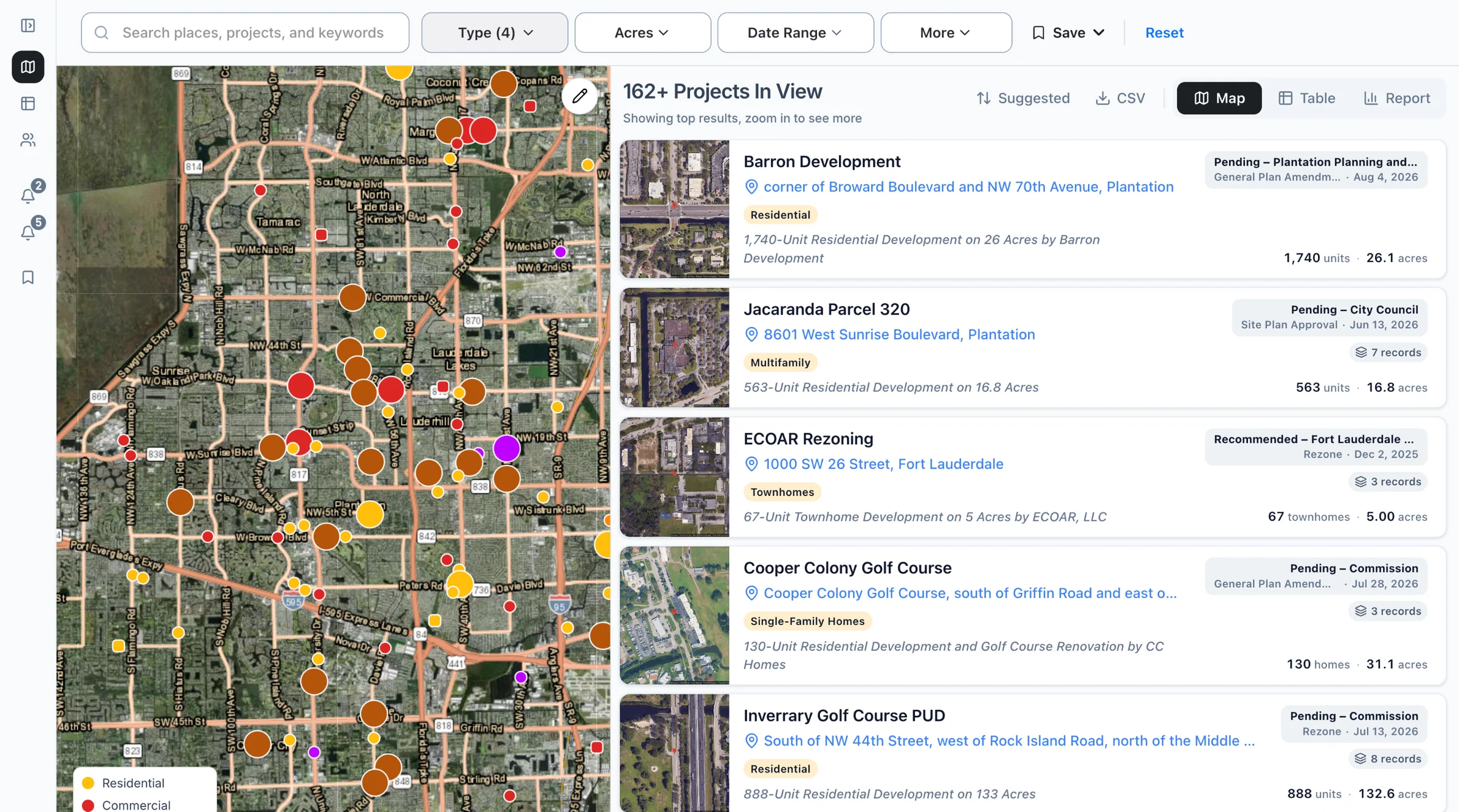 The Boardwalk map of Broward County, Florida: 162 planned projects in view, with large residential projects listed beside the map.