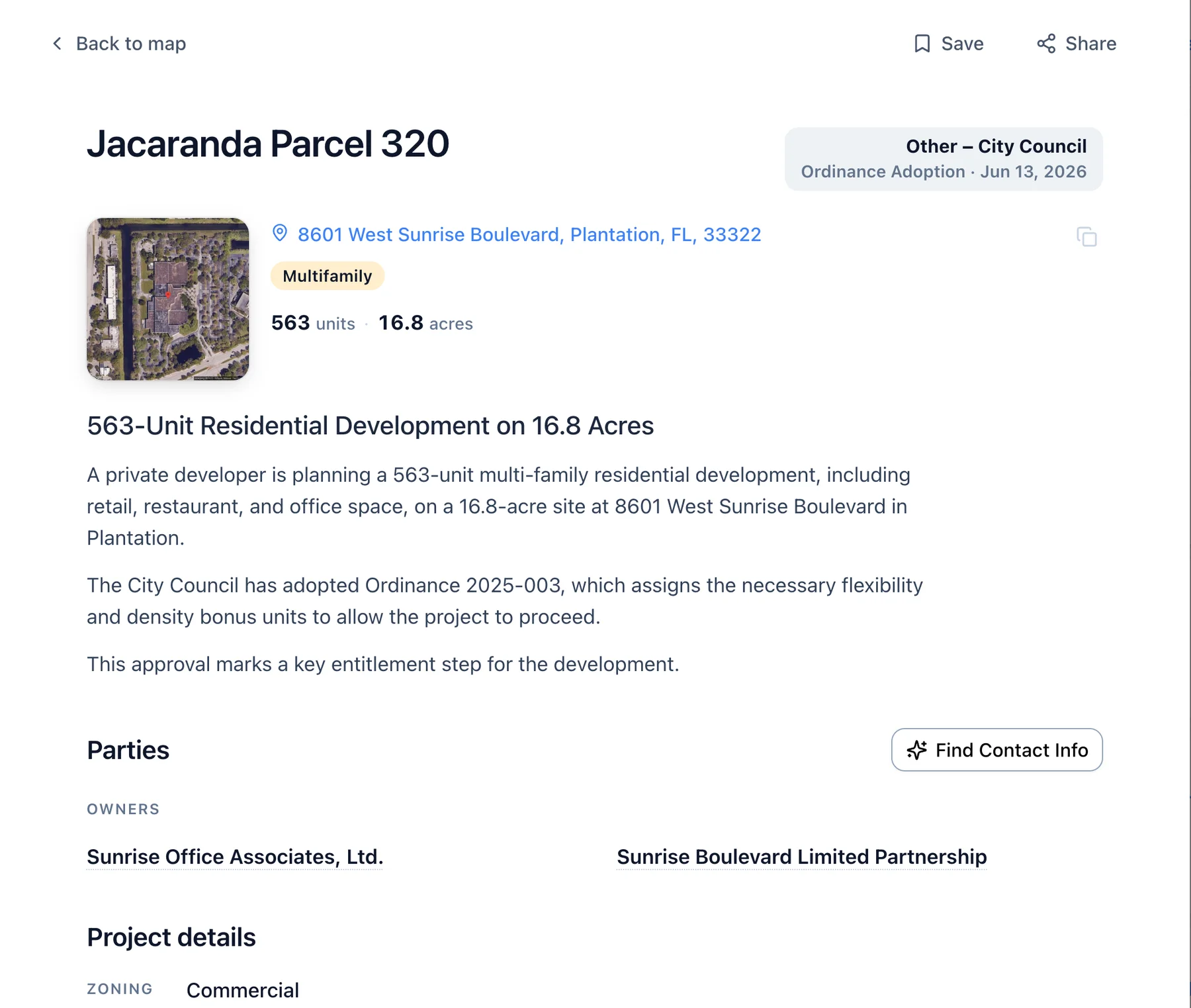 A project record: Jacaranda Parcel 320 in Plantation, Florida, 563 units on 16.8 acres, with the owners named in the filing.