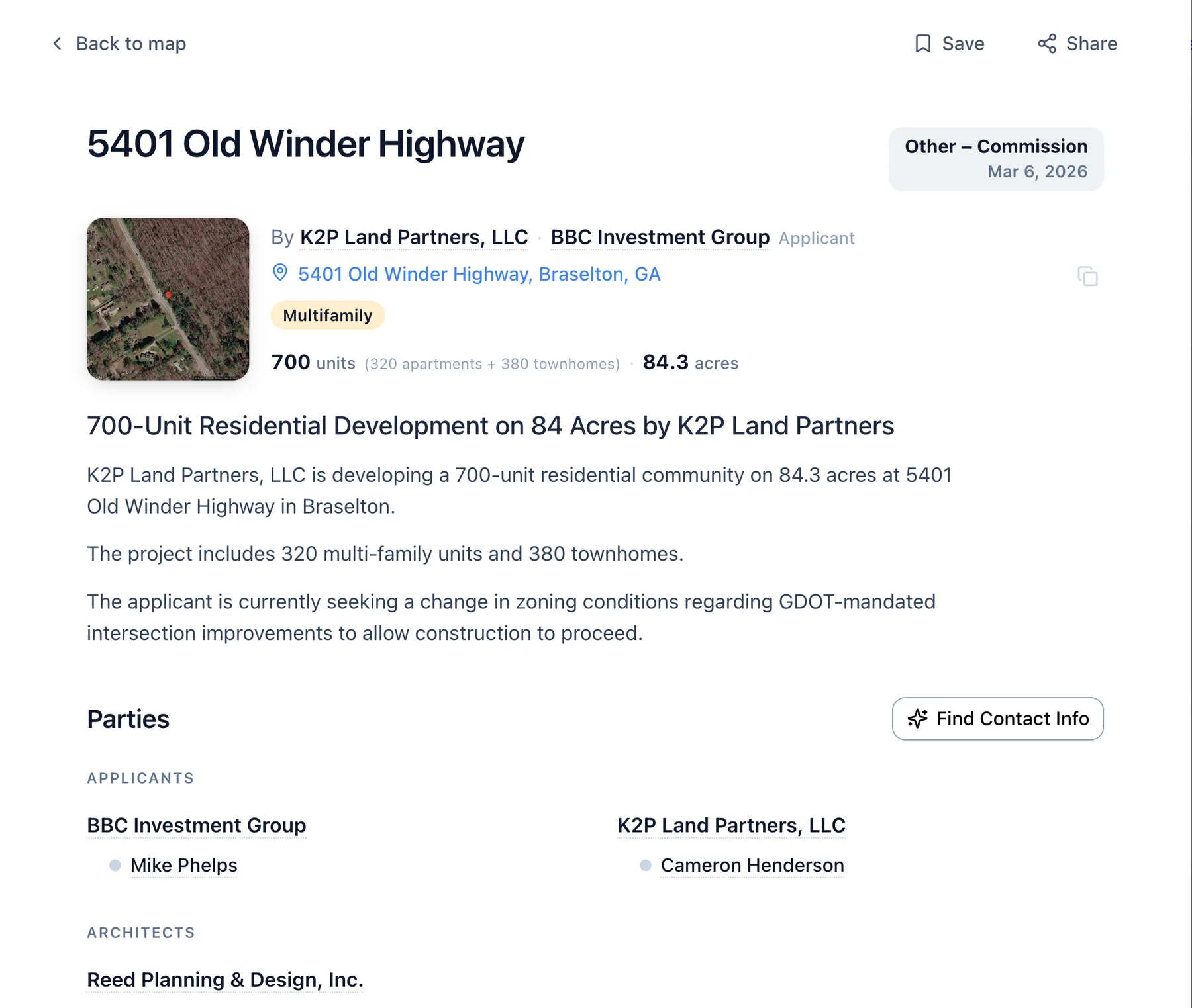 A project record: 5401 Old Winder Highway in Braselton, Georgia, 700 units on 84 acres, with the road improvements the state requires and the firms named.