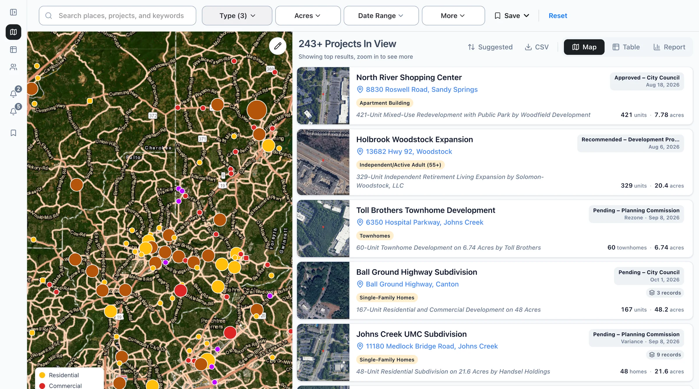 The Boardwalk map of north metro Atlanta filtered to residential, commercial, and industrial projects: 243 in view, with the list beside it.
