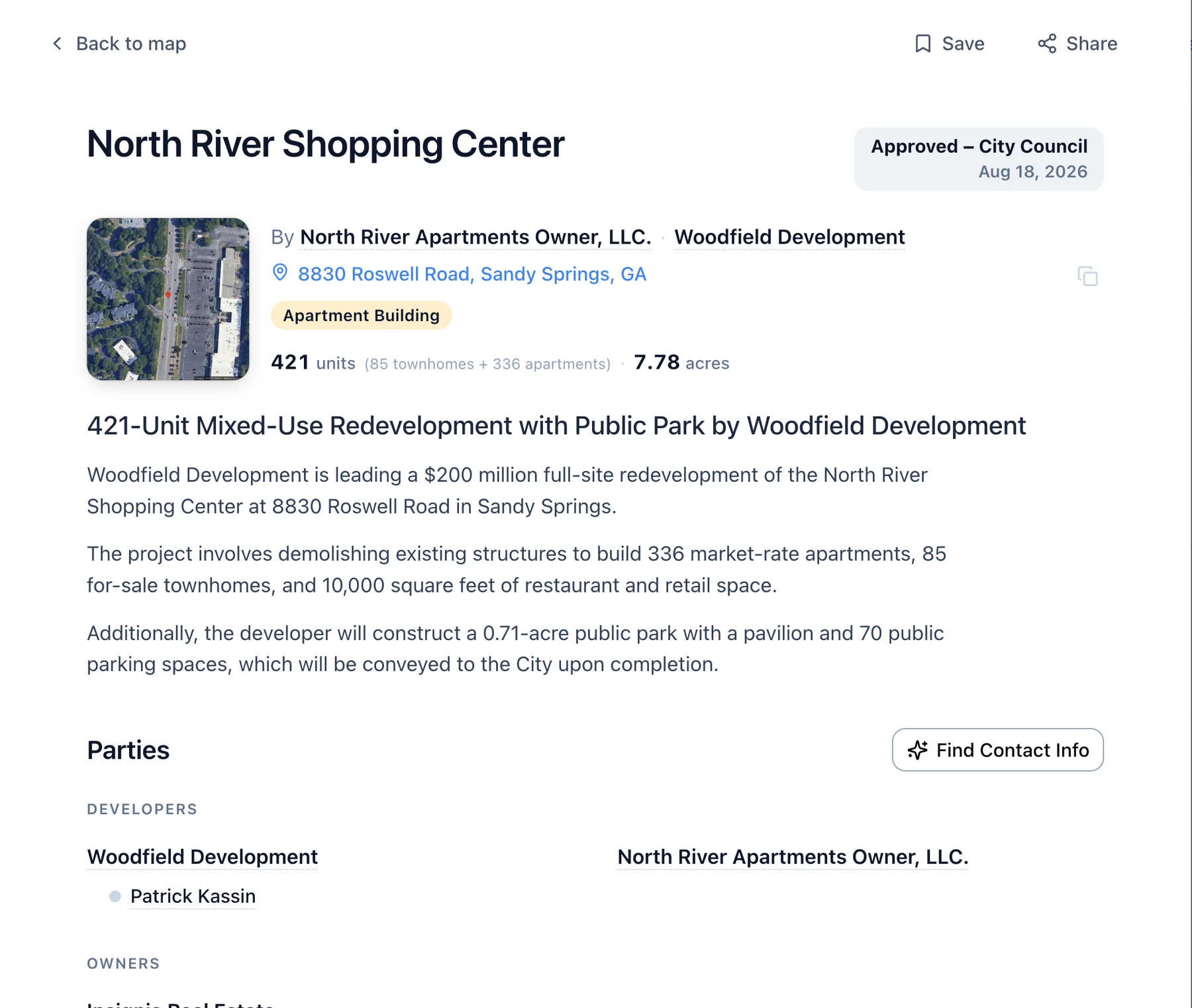 A project record: North River Shopping Center in Sandy Springs, Georgia, a 421-unit redevelopment by Woodfield Development, with its developers and owners.