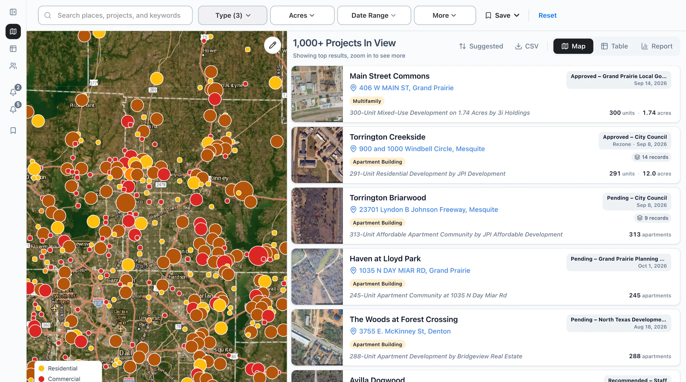 The Boardwalk map of Dallas-Fort Worth filtered to residential, commercial, and mixed-use projects: 1,000+ in view, with apartment projects listed beside it.