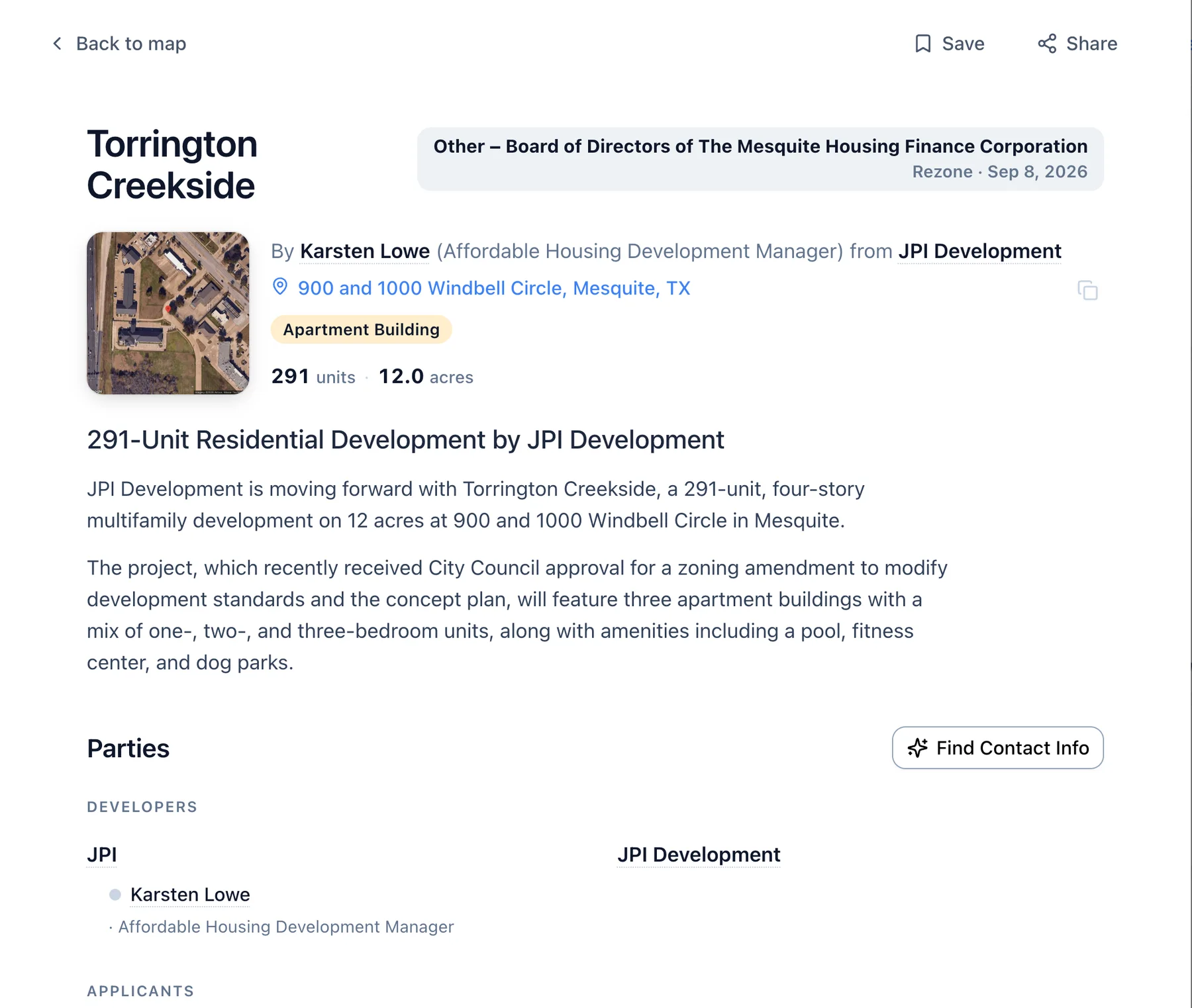 A project record: Torrington Creekside in Mesquite, Texas, 291 units on 12 acres by JPI, with its developers and applicants.
