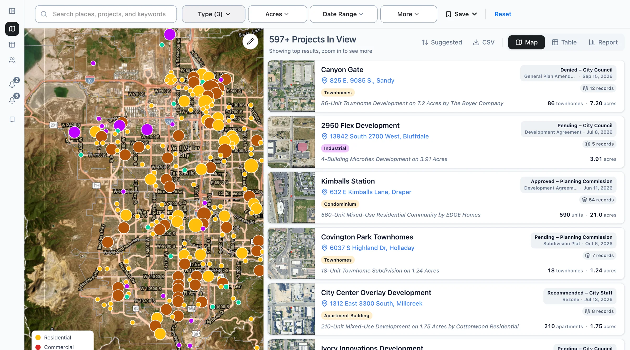 The Boardwalk map of the Salt Lake valley filtered to residential, industrial, and infrastructure projects: 597 in view, with the list beside it.
