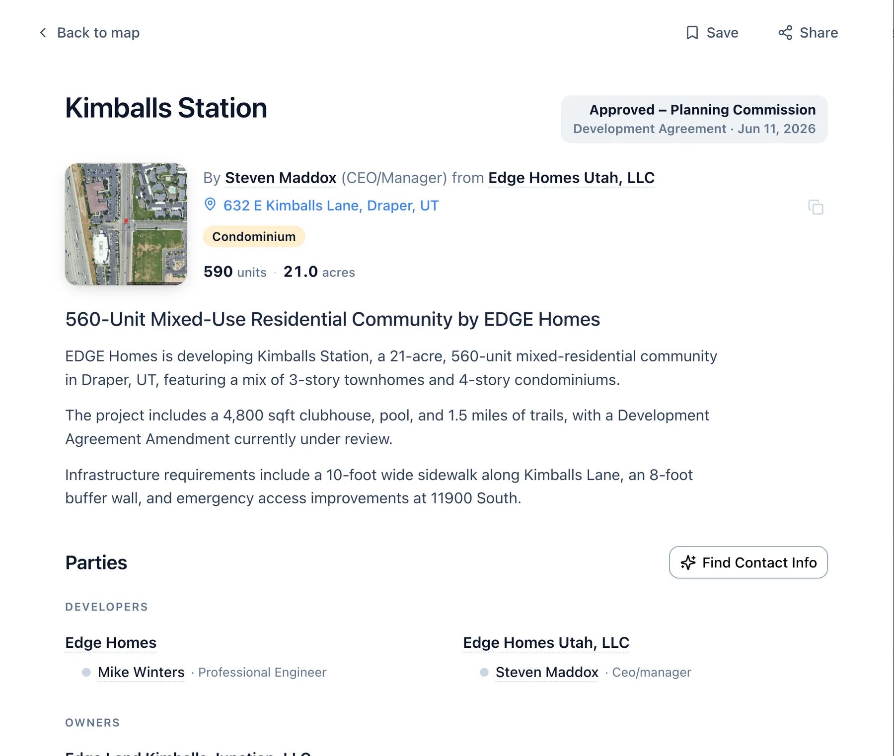 A project record: Kimballs Station in Draper, Utah, 590 units on 21 acres by EDGE Homes, with its infrastructure requirements and the engineer named.