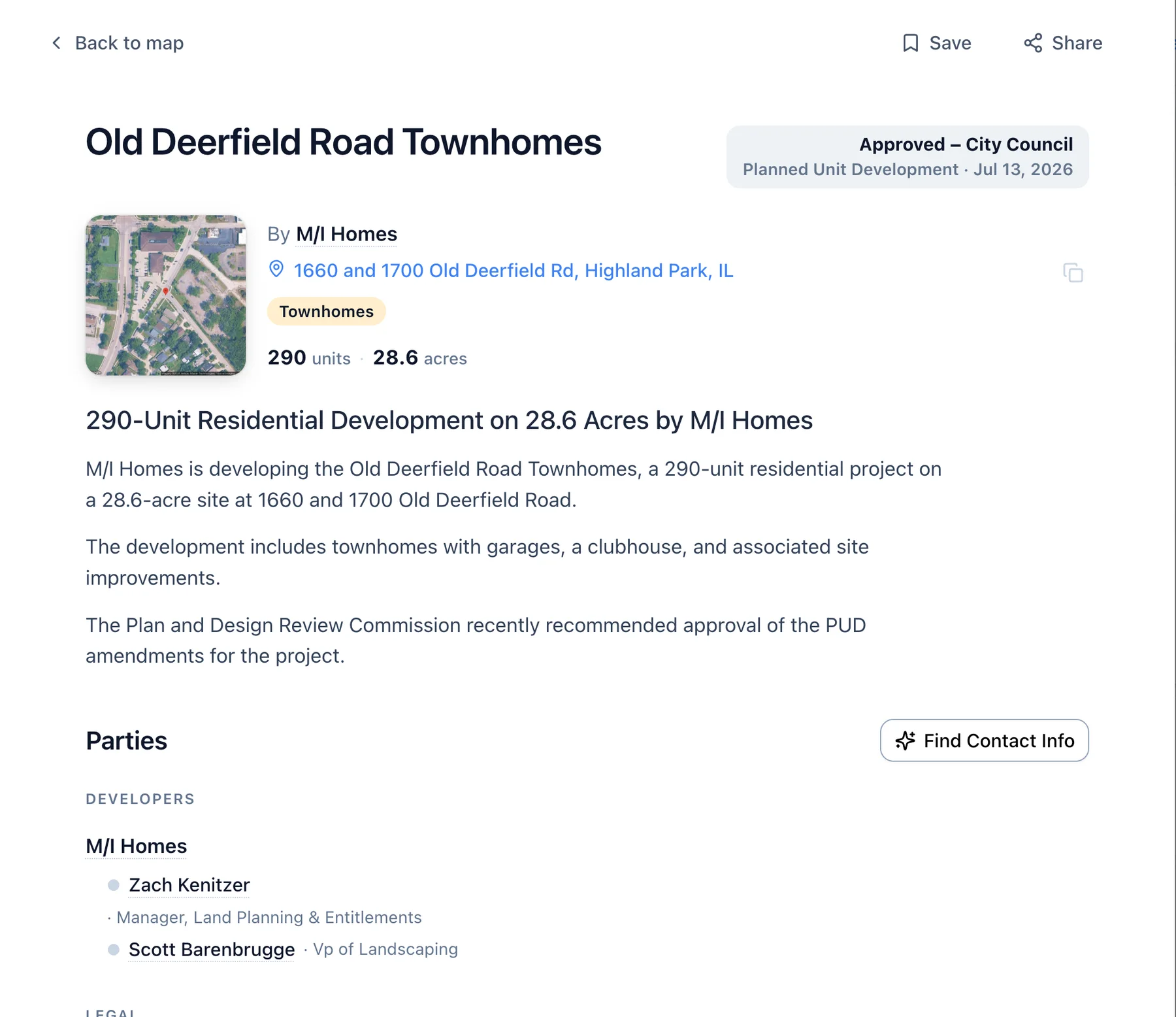 A Boardwalk project record: Old Deerfield Road Townhomes in Highland Park, Illinois, 290 units on 28.6 acres by M/I Homes, approved by the City Council, with the people and firms named in the filing.
