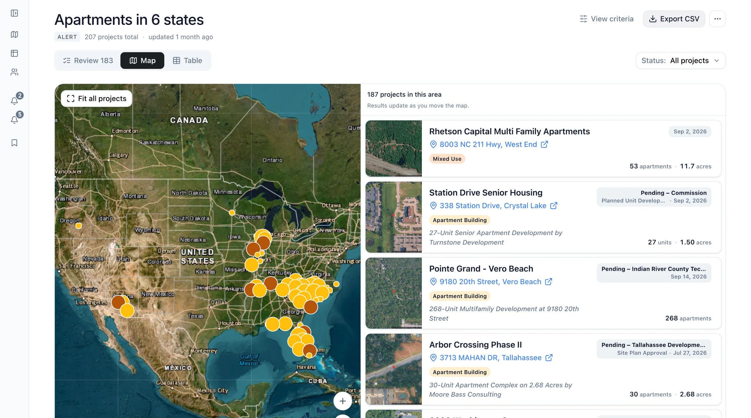 A Boardwalk Alert for apartments in six states: 207 projects, 183 new to review, on a map with the list of matches beside it.