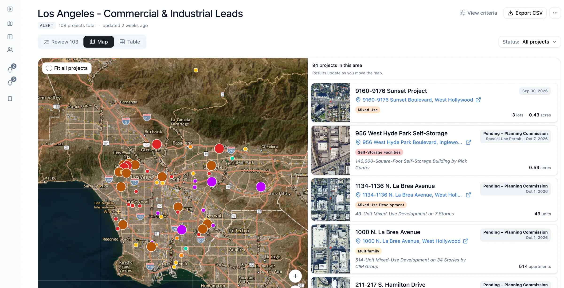 A Boardwalk Alert of commercial and industrial projects in Los Angeles: 94 projects across the LA basin on a map, with the list beside it and the Export CSV button.