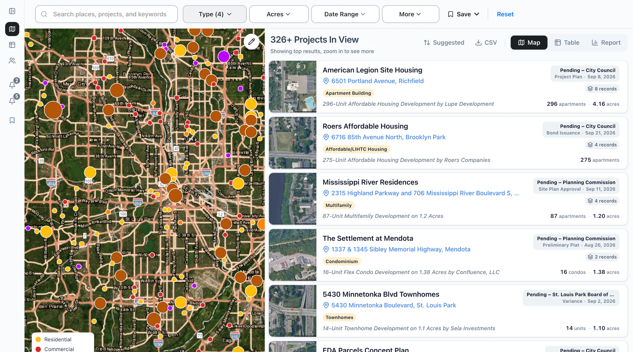 The Boardwalk map of the Twin Cities filtered to residential, commercial, industrial, and mixed-use projects: 326 projects in view as pins, with the list of projects beside the map.