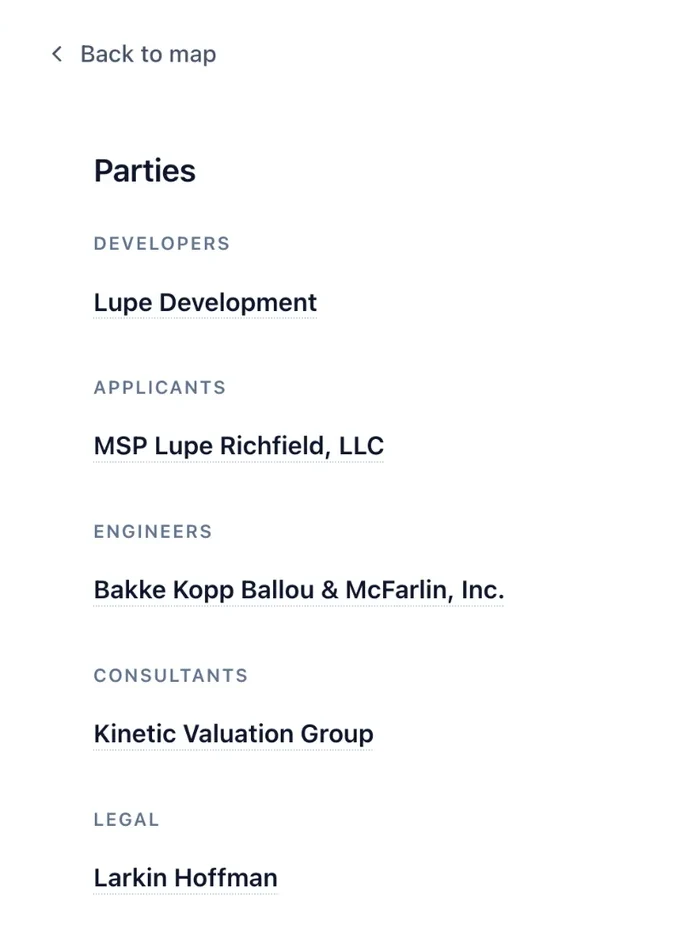 The Parties on a Boardwalk project record for American Legion Site Housing: Lupe Development as developer, with the applicant, engineer, consultant, and law firm named in the filing.