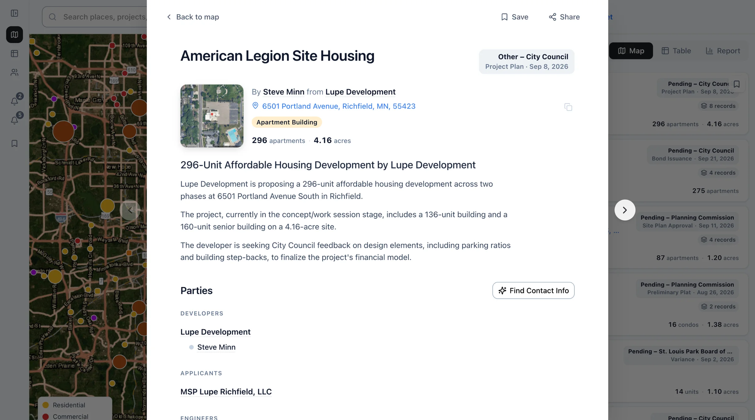 A project record in Boardwalk: American Legion Site Housing in Richfield, Minnesota, 296 apartments on 4.16 acres by Lupe Development, pending at the City Council.