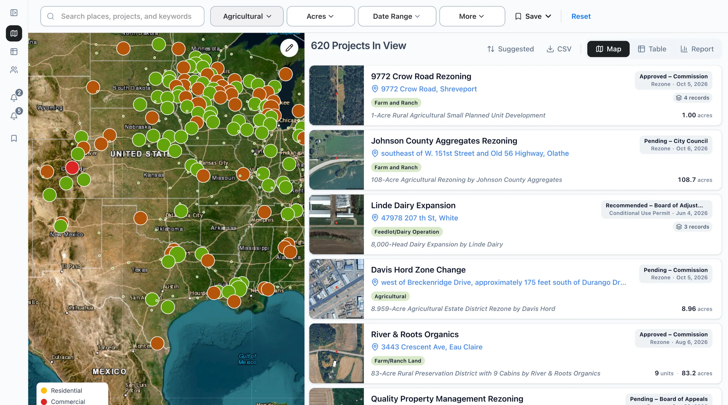 The Boardwalk map filtered to farms and ranches projects, with the list of projects beside it.