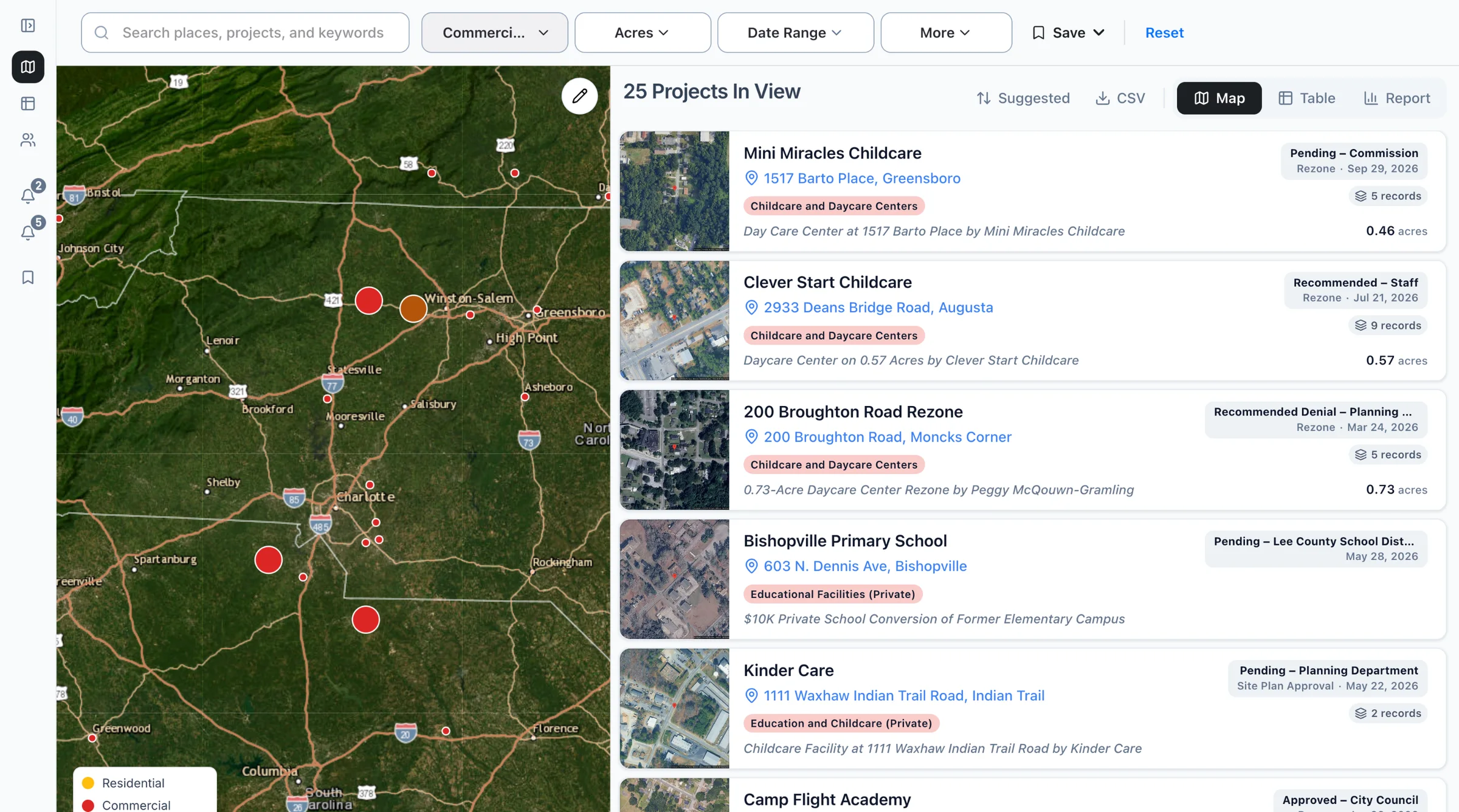 The Boardwalk map filtered to childcare and private schools projects, with the list of projects beside it.