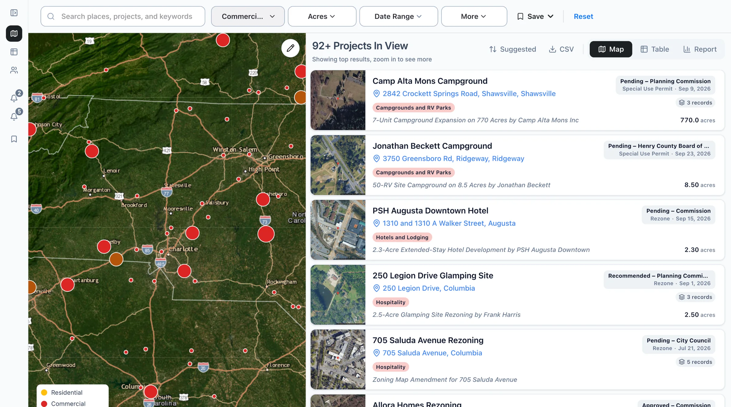 The Boardwalk map filtered to hotels and lodging projects, with the list of projects beside it.