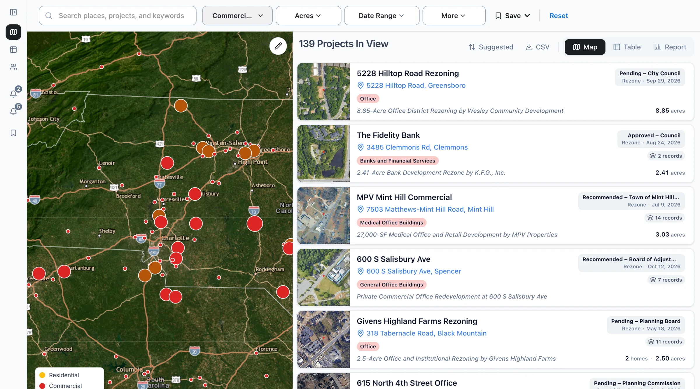 The Boardwalk map filtered to office projects, with the list of projects beside it.