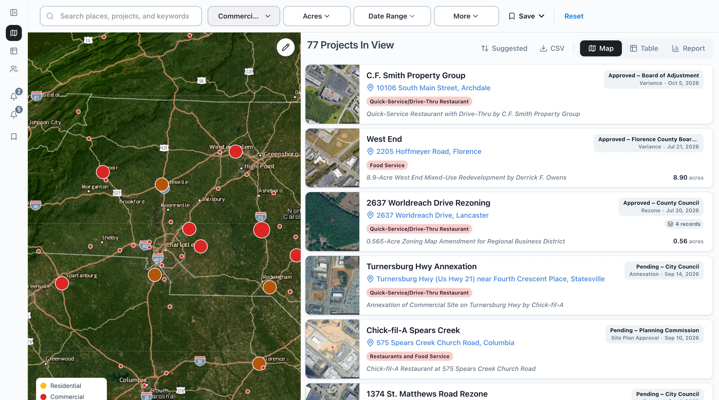 The Boardwalk map filtered to restaurants projects, with the list of projects beside it.