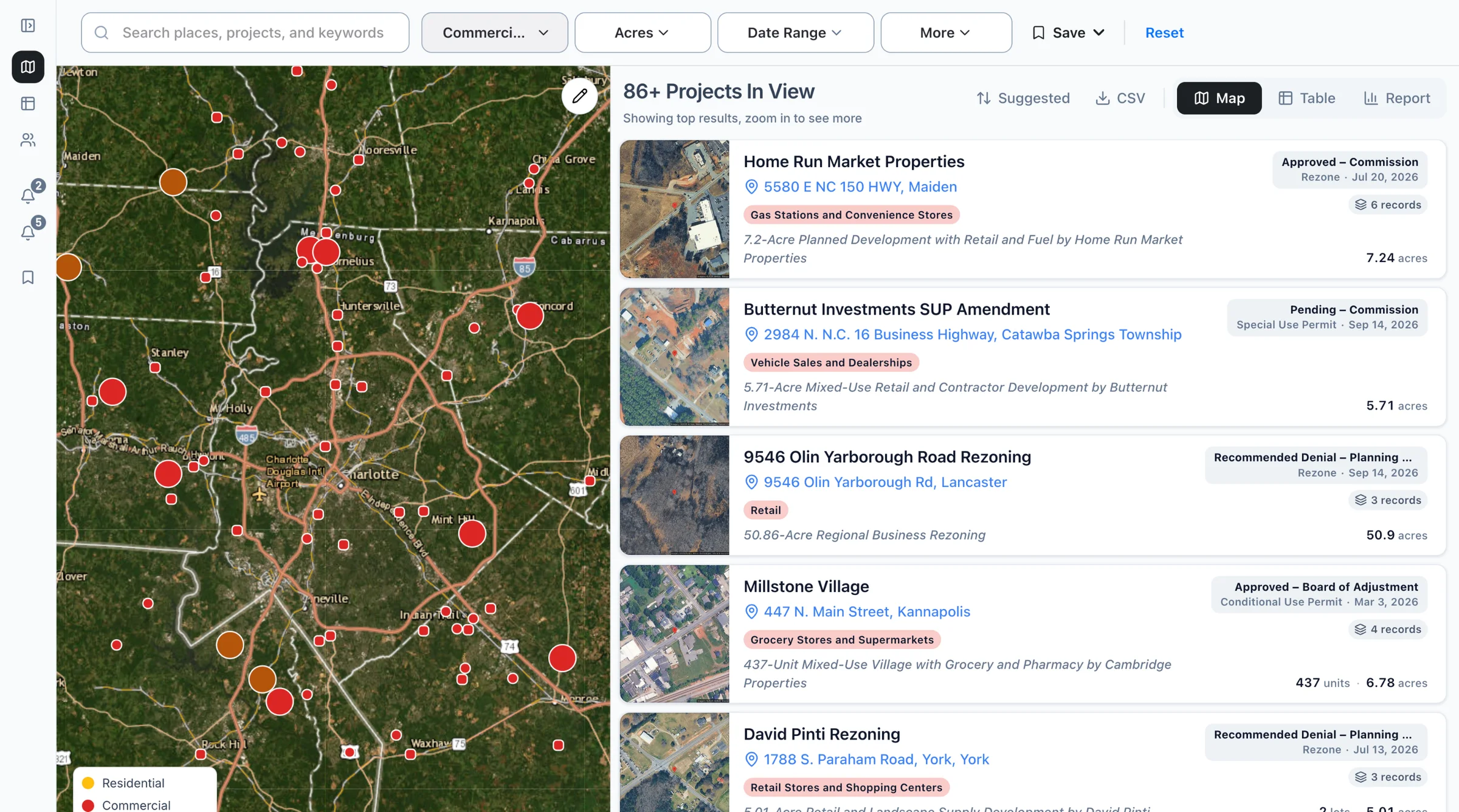 The Boardwalk map filtered to retail projects, with the list of projects beside it.