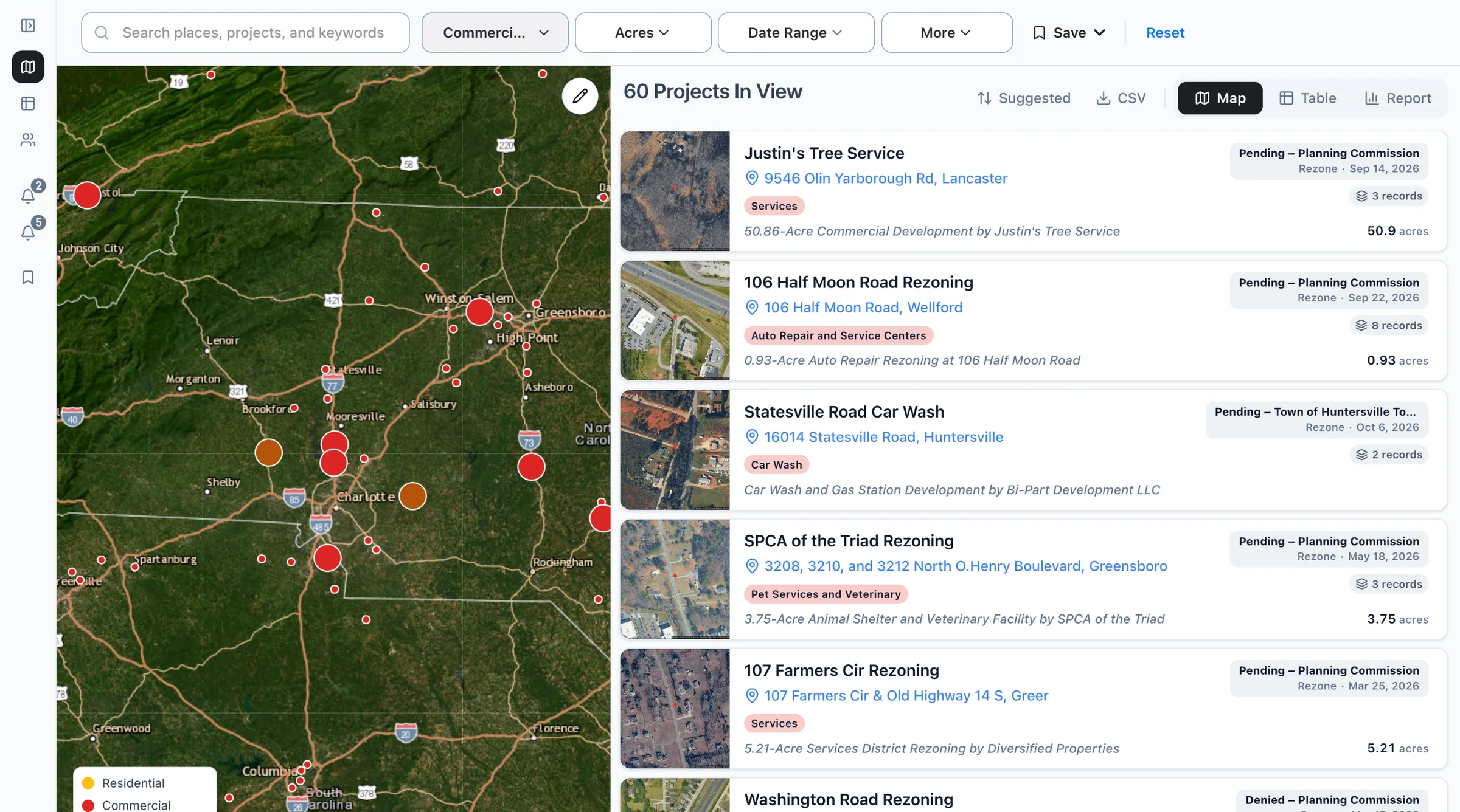 The Boardwalk map filtered to service businesses projects, with the list of projects beside it.