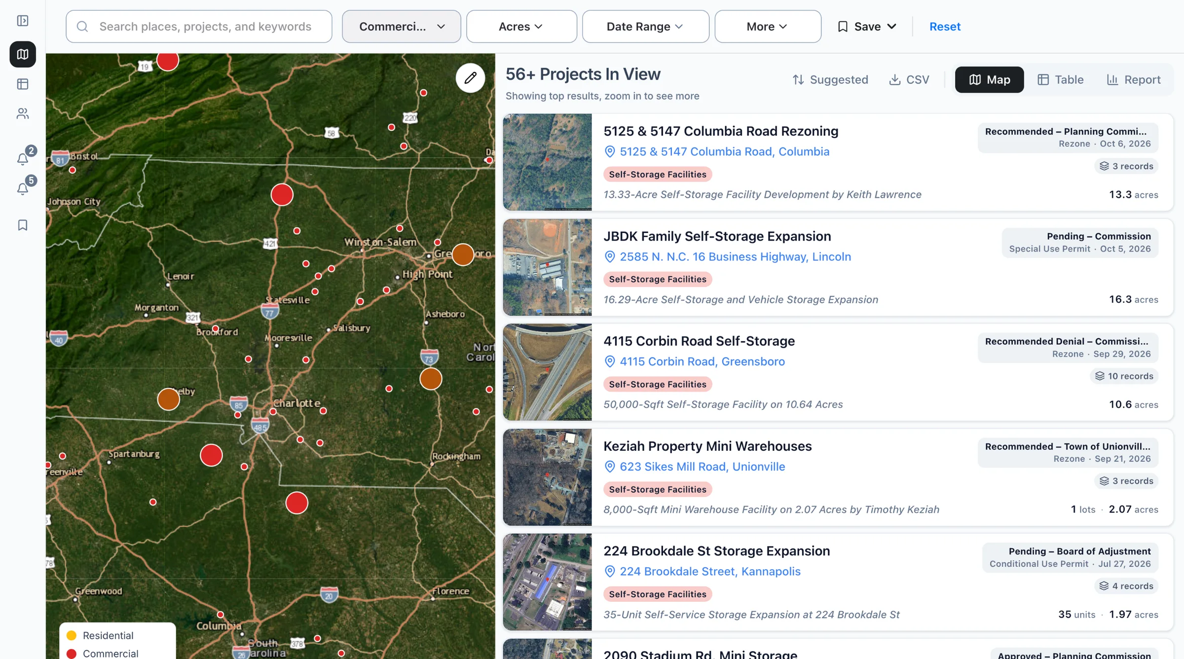 The Boardwalk map filtered to self-storage projects, with the list of projects beside it.