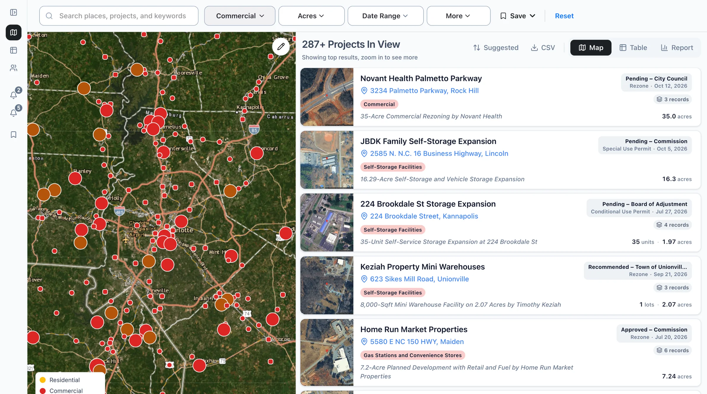 The Boardwalk map filtered to commercial projects, with the list of projects beside it.