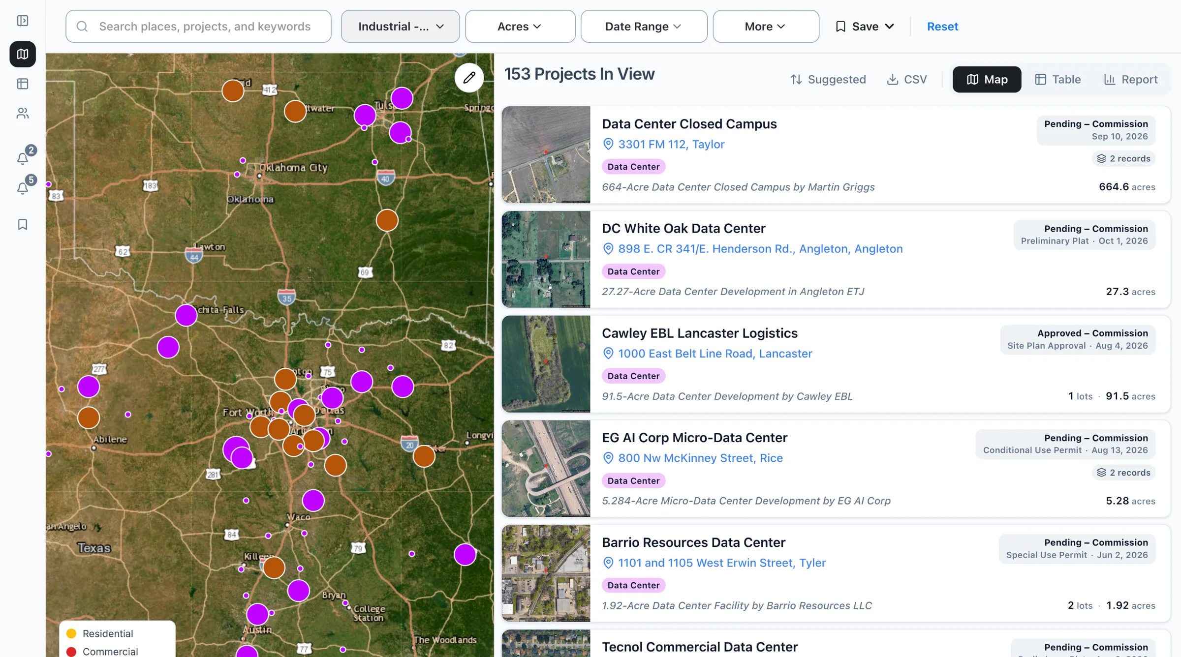 The Boardwalk map filtered to data centers projects, with the list of projects beside it.