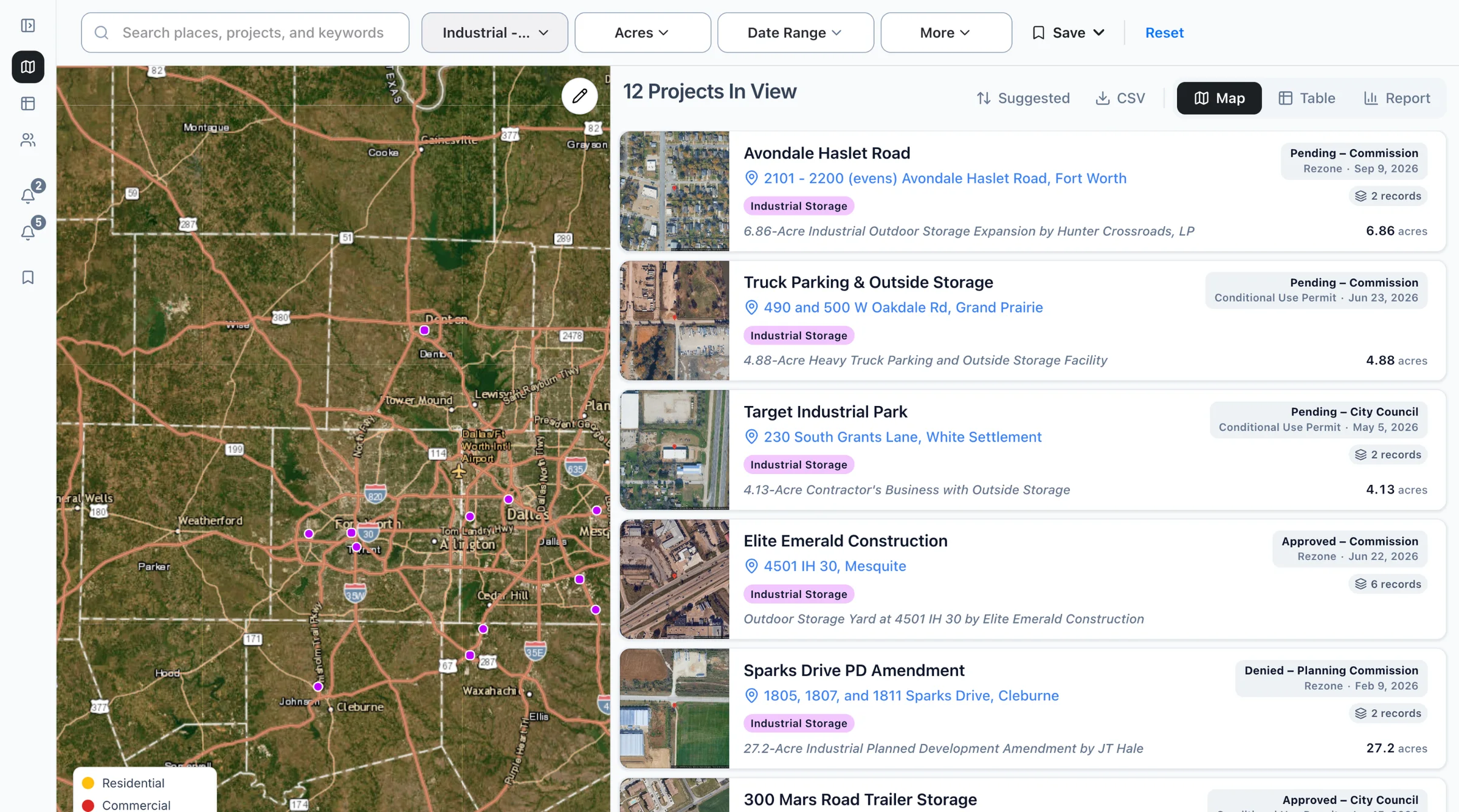 The Boardwalk map filtered to industrial storage projects, with the list of projects beside it.