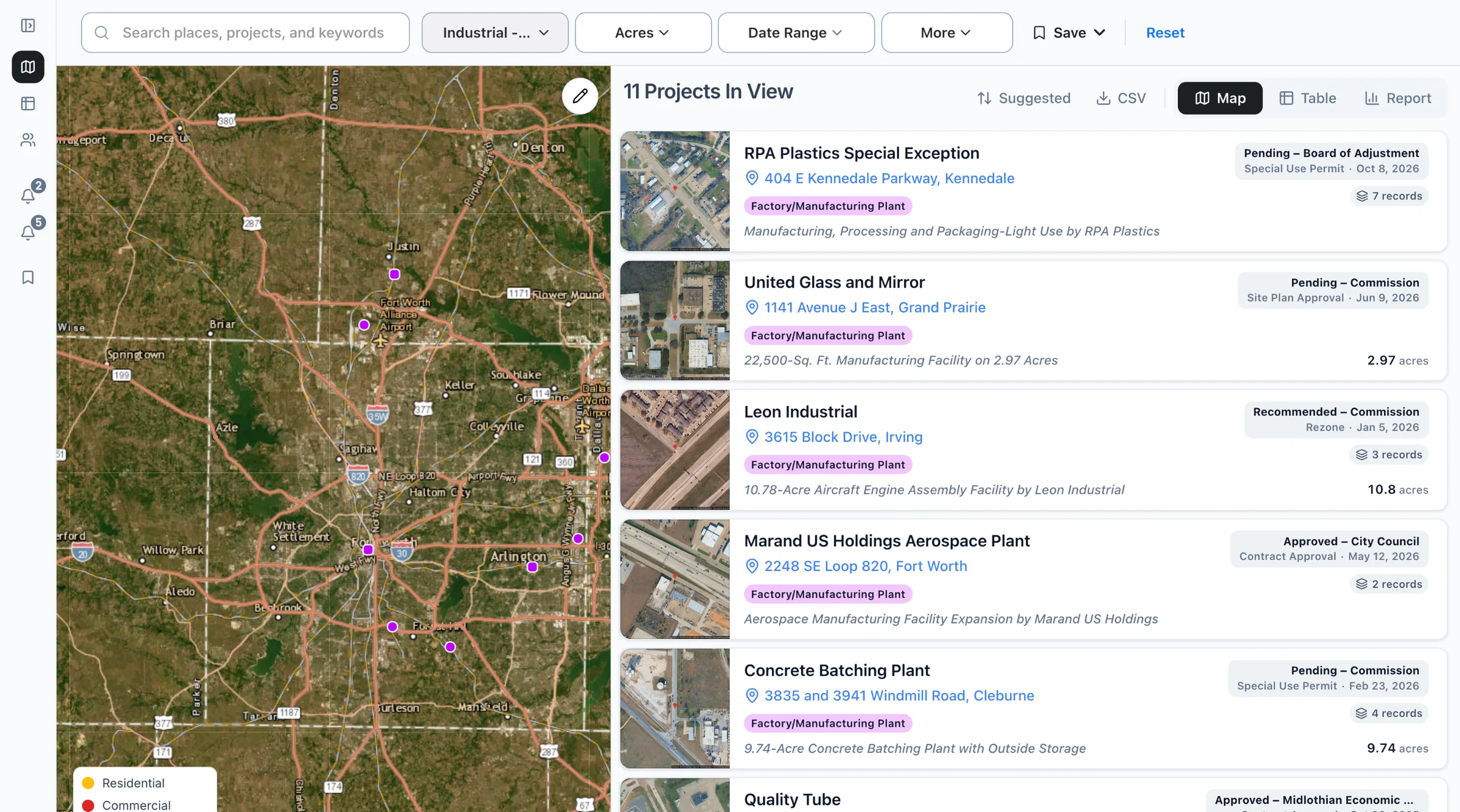 The Boardwalk map filtered to manufacturing projects, with the list of projects beside it.