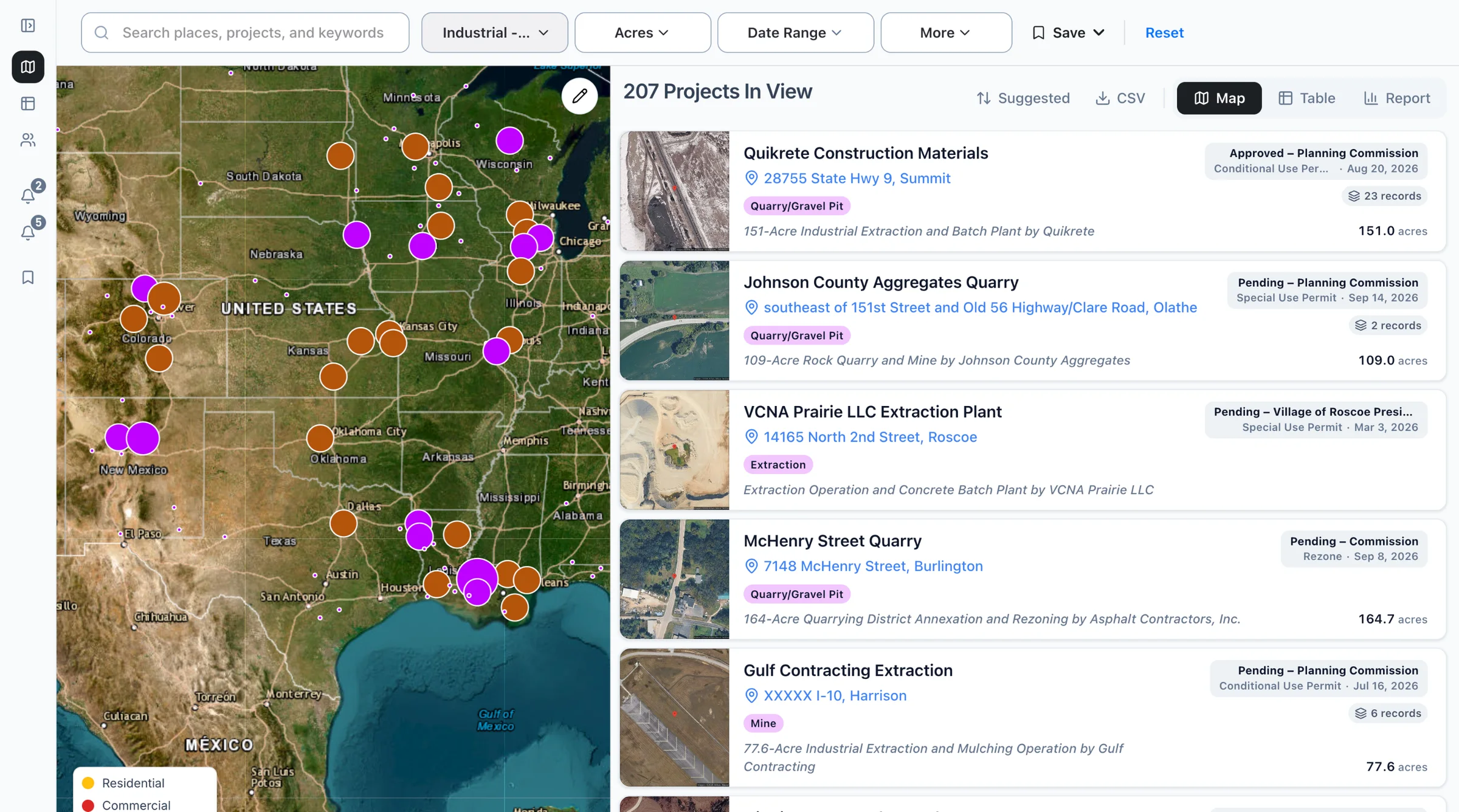 The Boardwalk map filtered to mines and quarries projects, with the list of projects beside it.