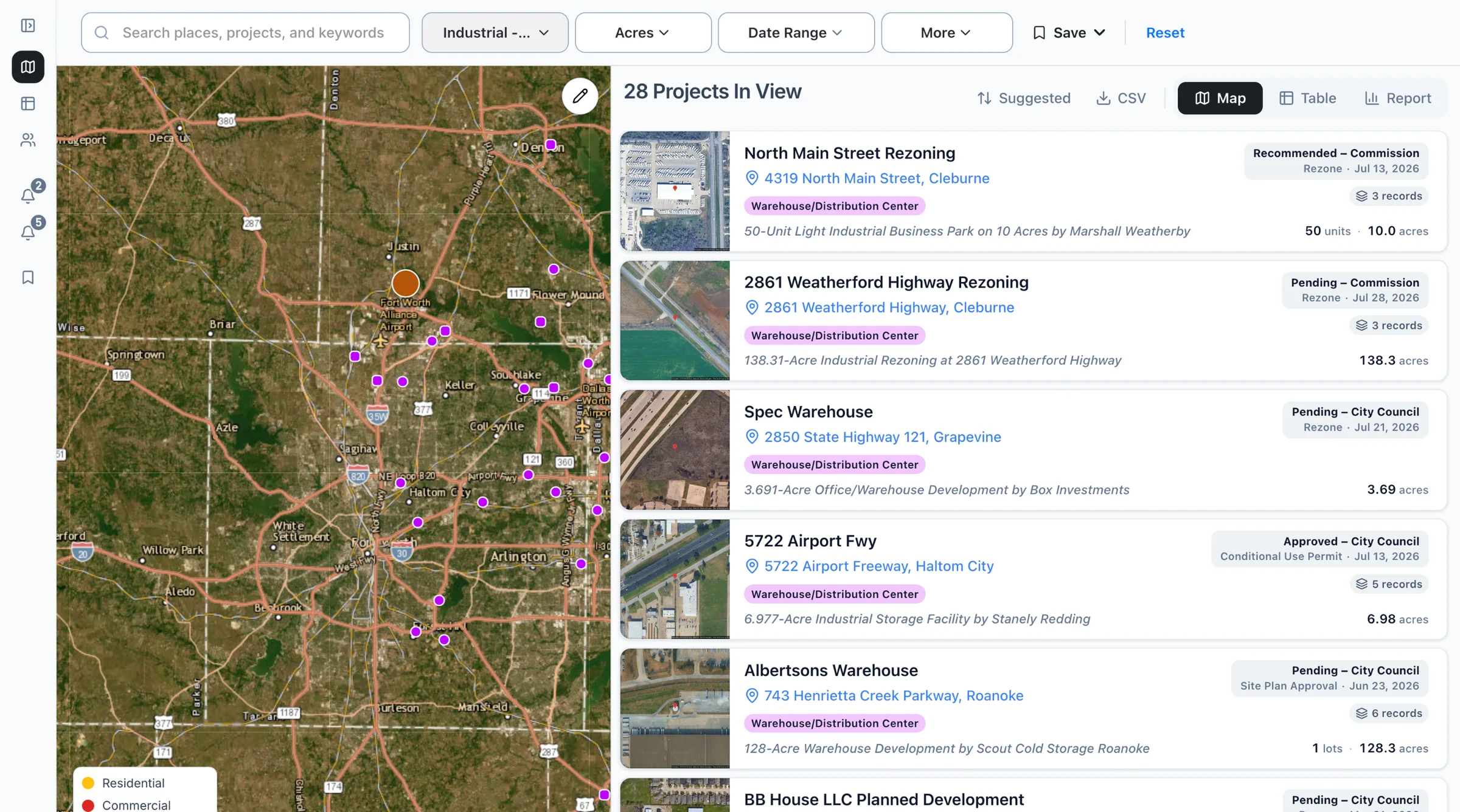 The Boardwalk map filtered to warehouses and distribution projects, with the list of projects beside it.