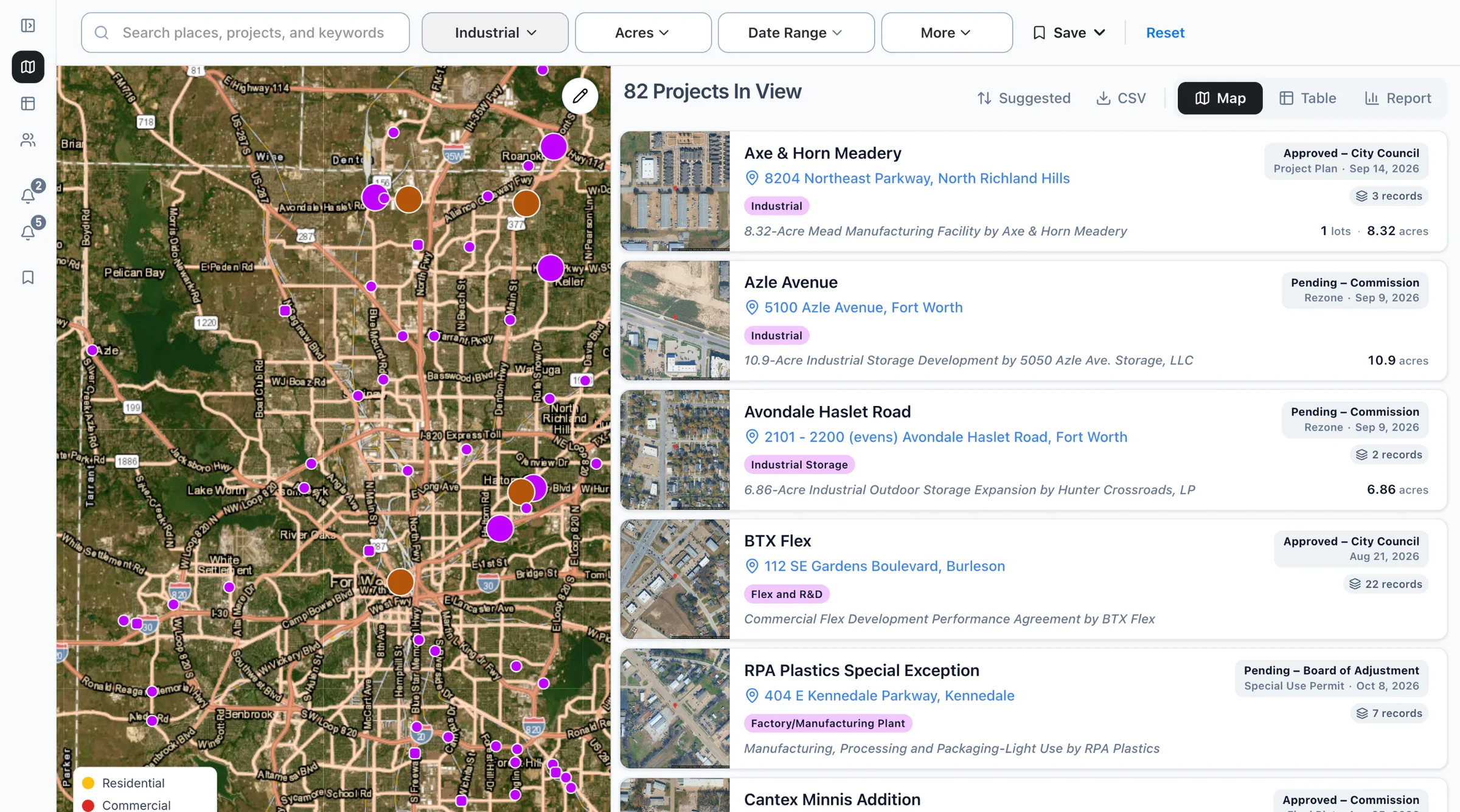 The Boardwalk map filtered to industrial projects, with the list of projects beside it.