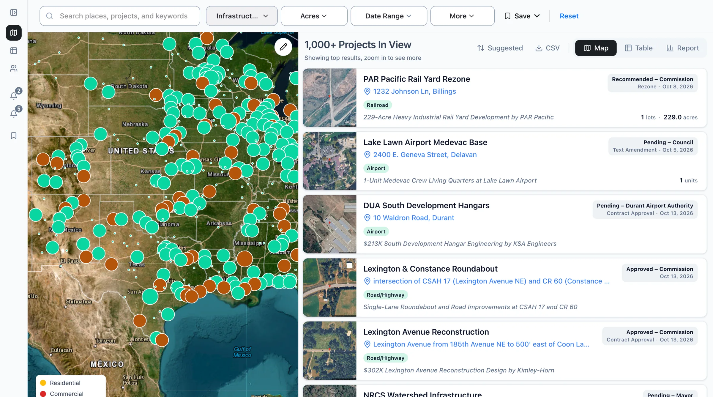 The Boardwalk map filtered to transportation projects, with the list of projects beside it.