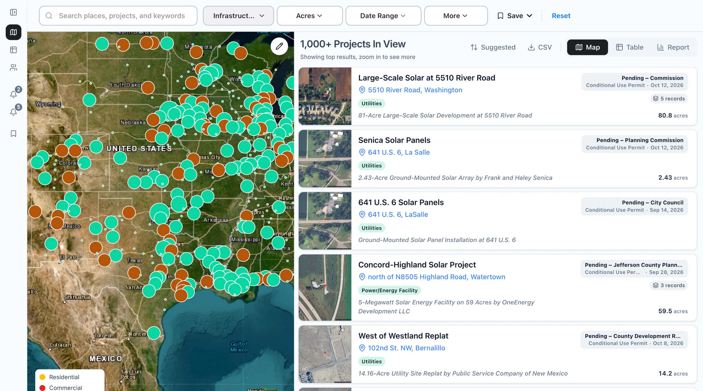 The Boardwalk map filtered to utilities projects, with the list of projects beside it.