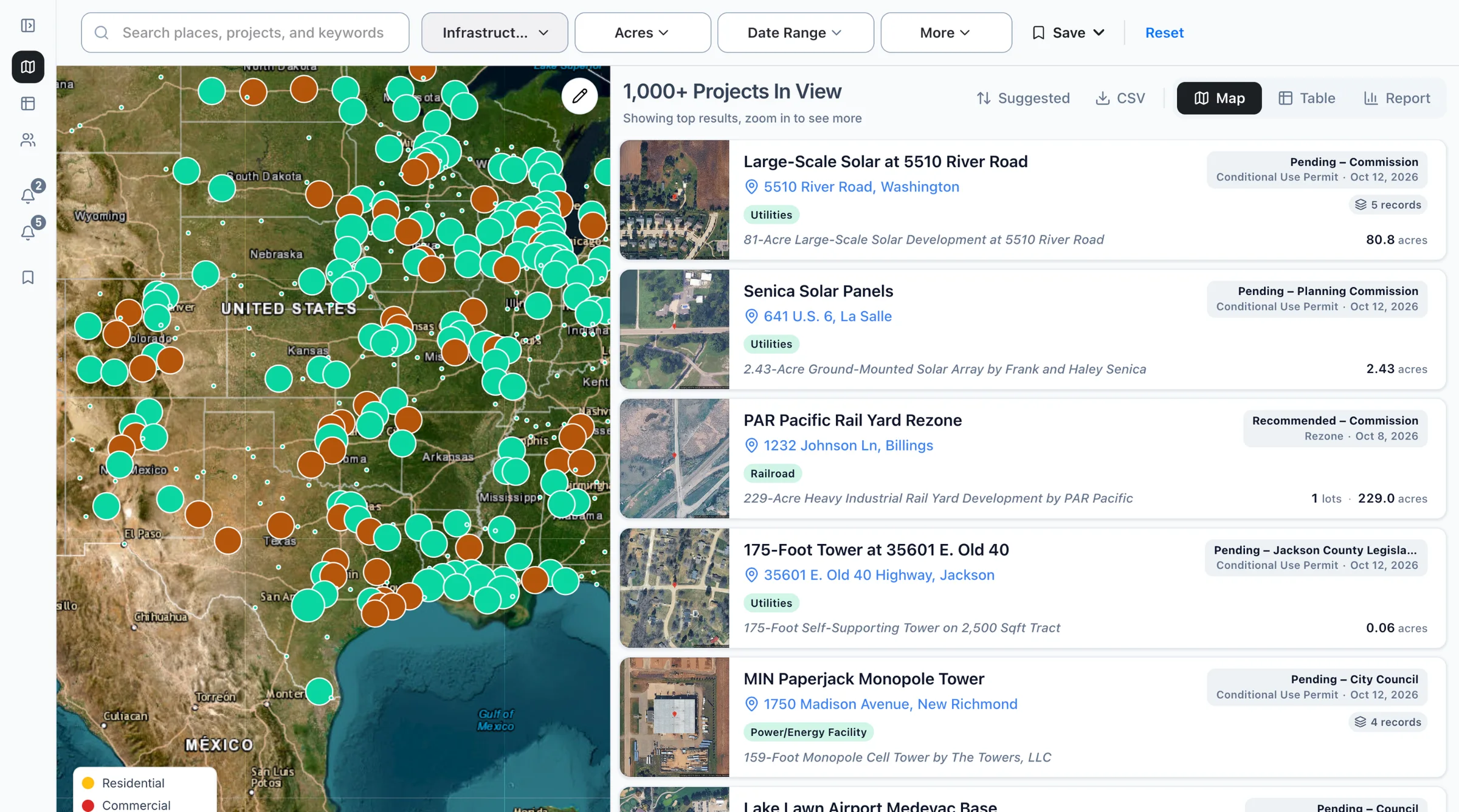 The Boardwalk map filtered to infrastructure projects, with the list of projects beside it.