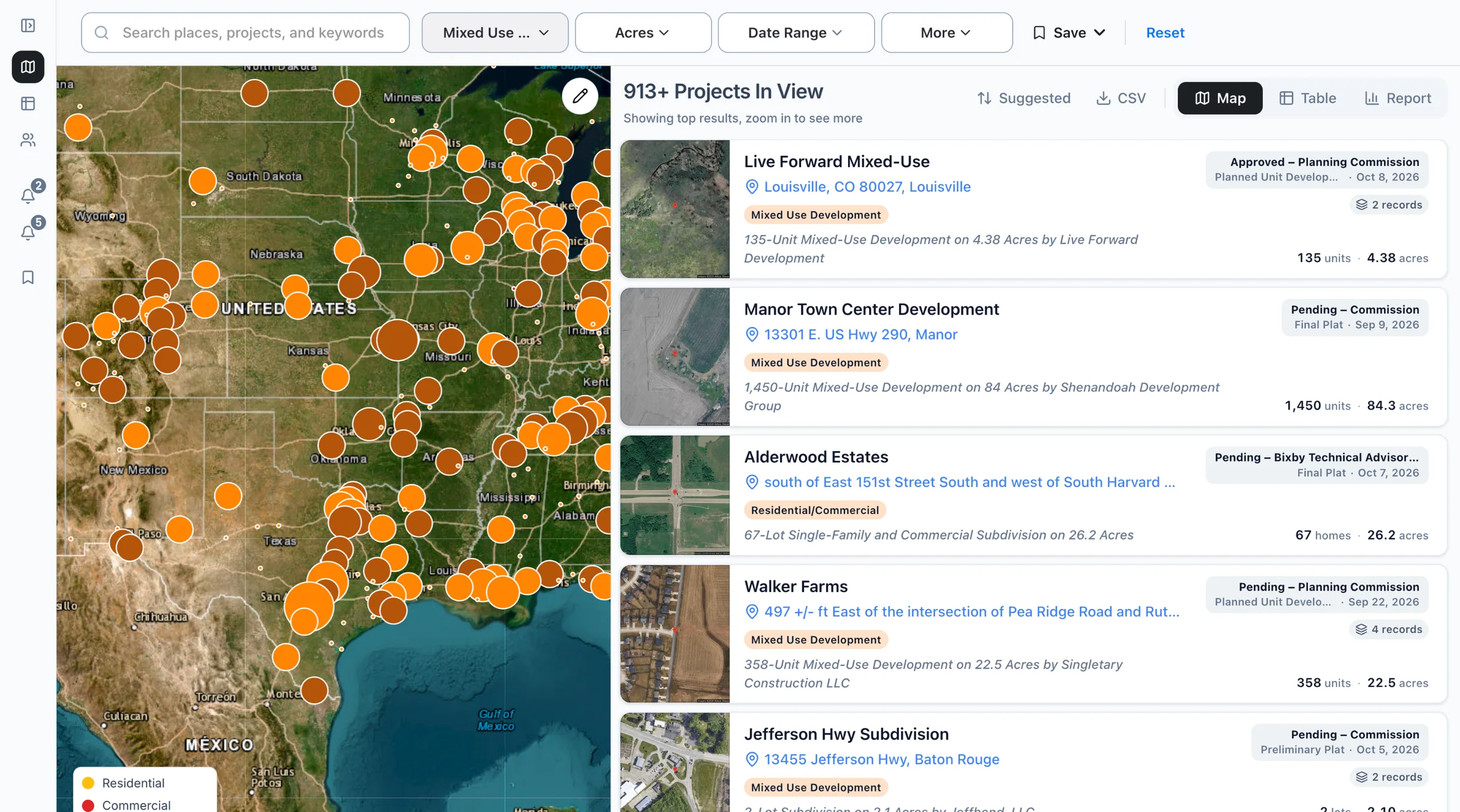 The Boardwalk map filtered to homes and businesses projects, with the list of projects beside it.