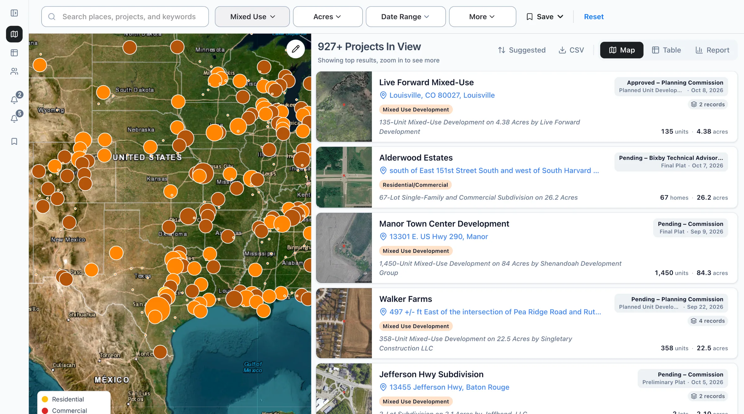 The Boardwalk map filtered to mixed use projects, with the list of projects beside it.