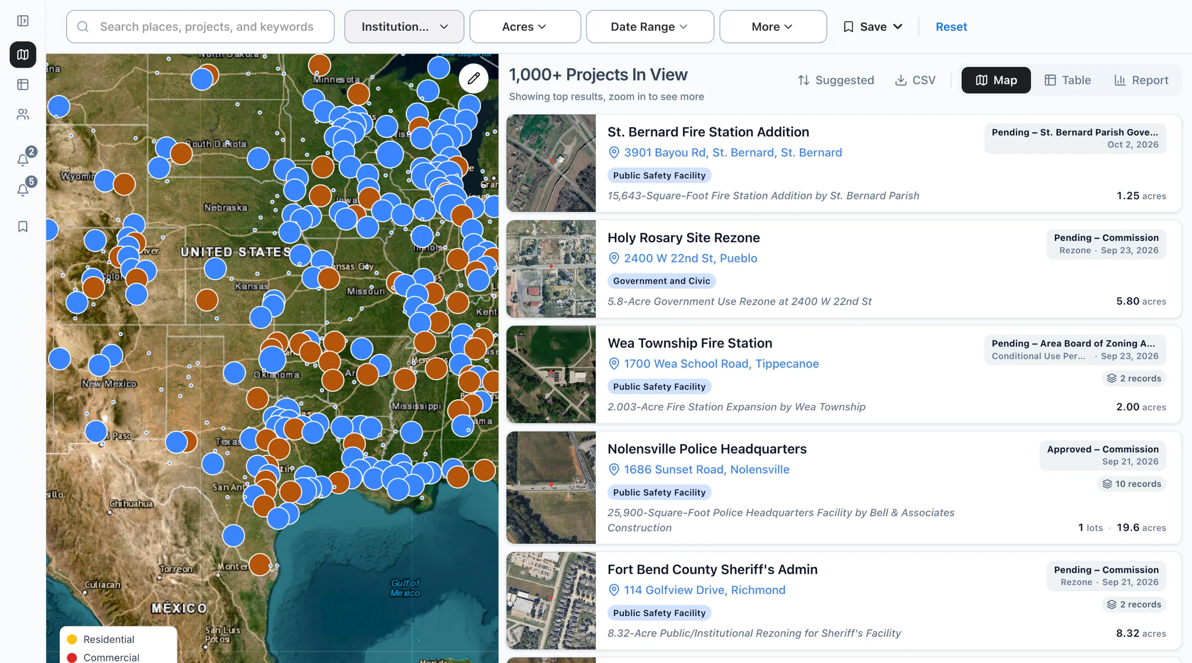 The Boardwalk map filtered to government buildings projects, with the list of projects beside it.