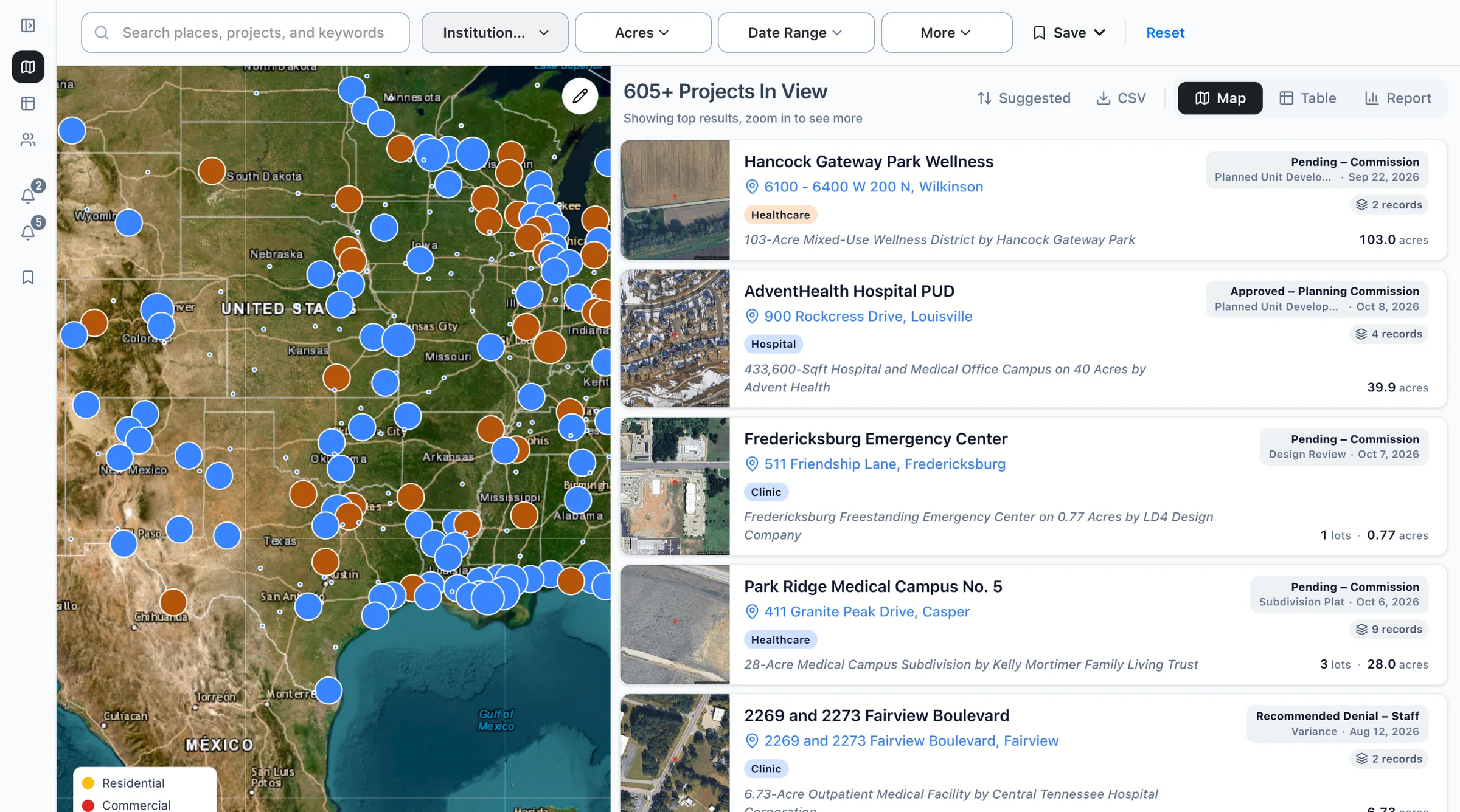 The Boardwalk map filtered to hospitals and clinics projects, with the list of projects beside it.