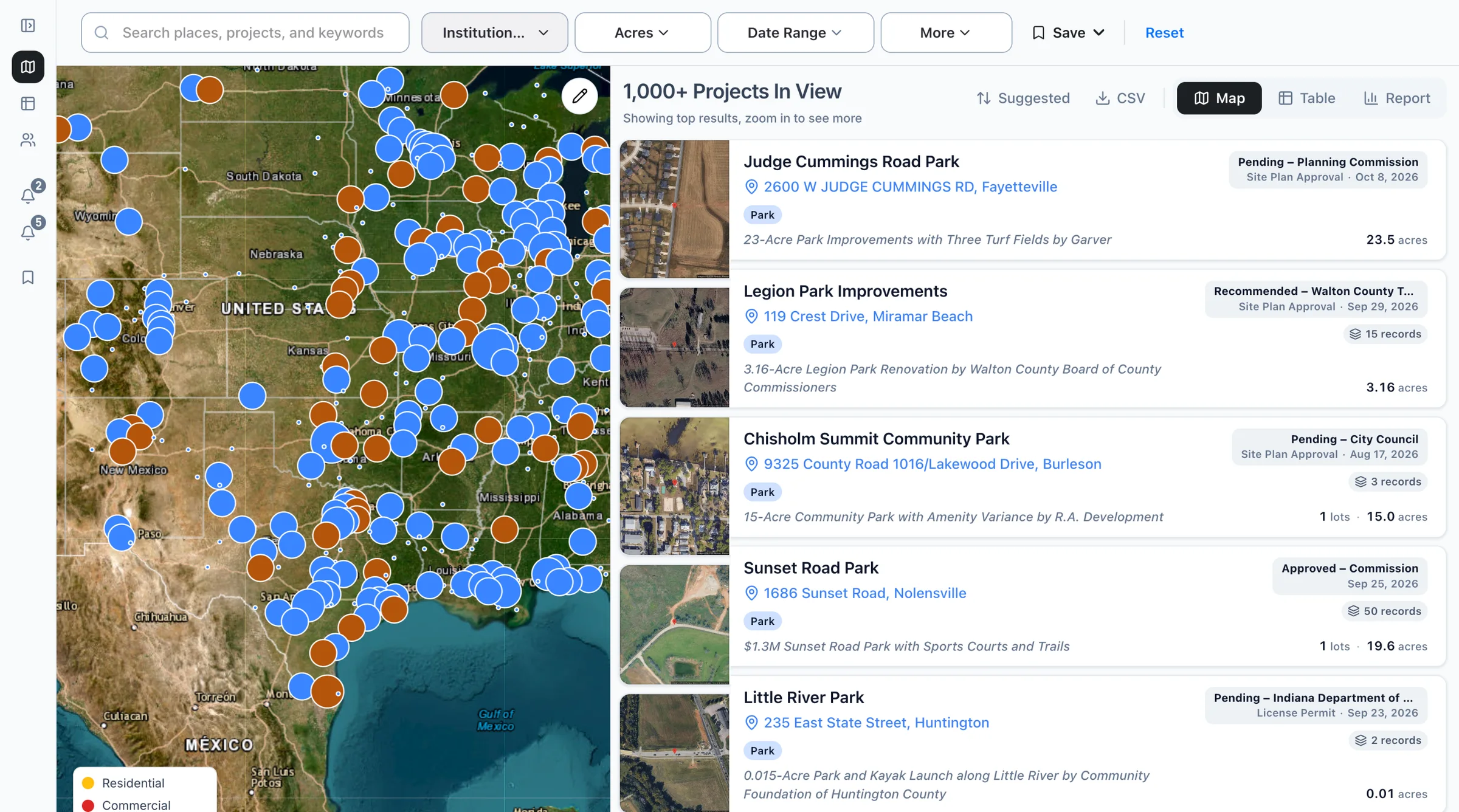 The Boardwalk map filtered to parks and recreation projects, with the list of projects beside it.