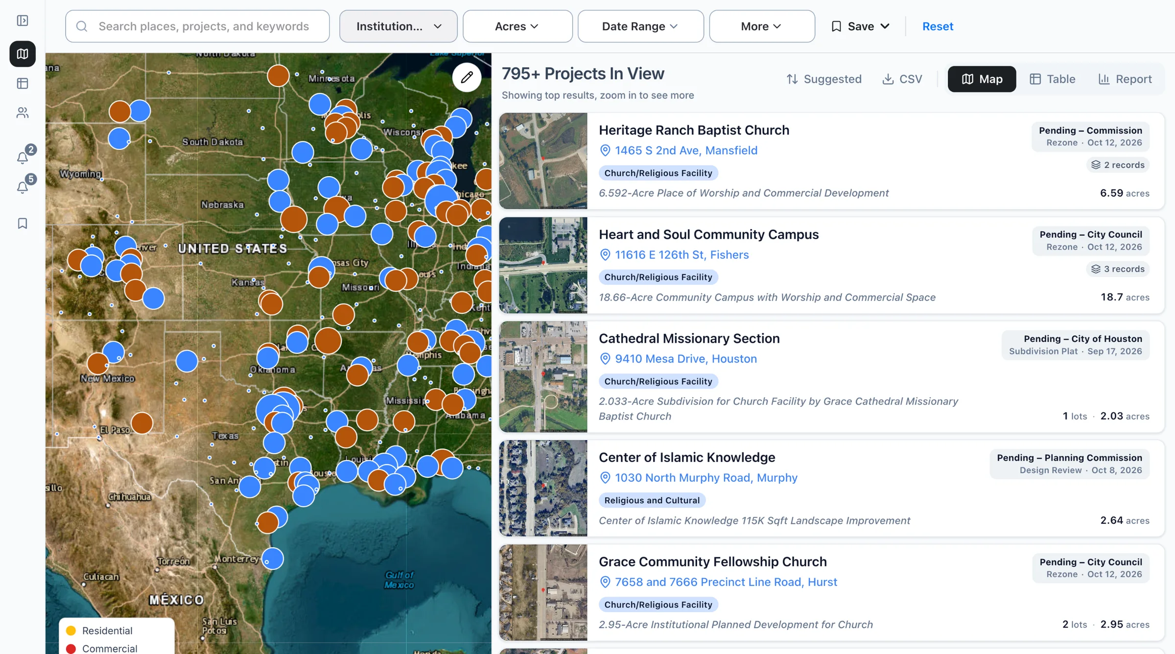 The Boardwalk map filtered to religious and cultural projects, with the list of projects beside it.