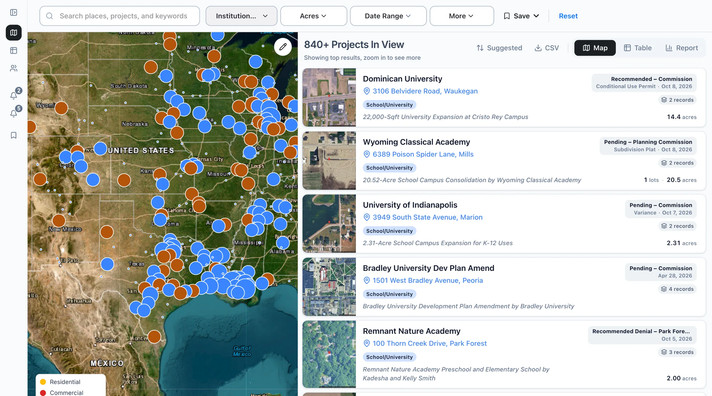 The Boardwalk map filtered to schools projects, with the list of projects beside it.